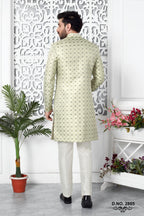 Yellow Beige Jacquard Silk Pakistani Mens Kurta Indo Western