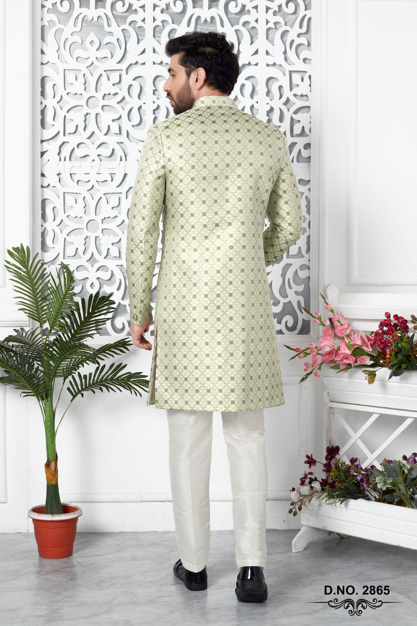 Yellow Beige Jacquard Silk Pakistani Mens Kurta Indo Western