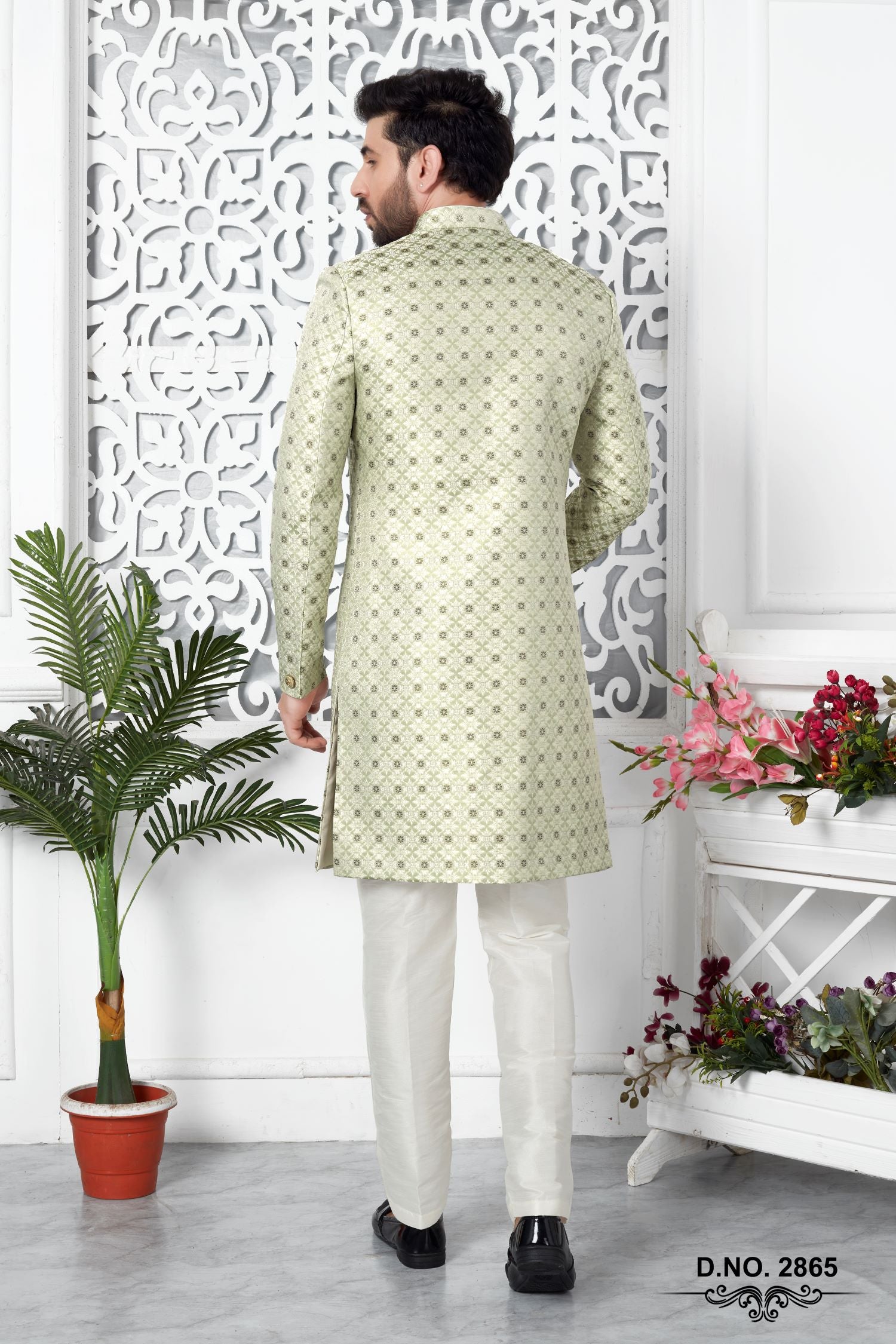 Yellow Beige Jacquard Silk Pakistani Mens Kurta Indo Western