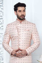Blush Peach Jacquard Silk Pakistani Mens Kurta Indo Western