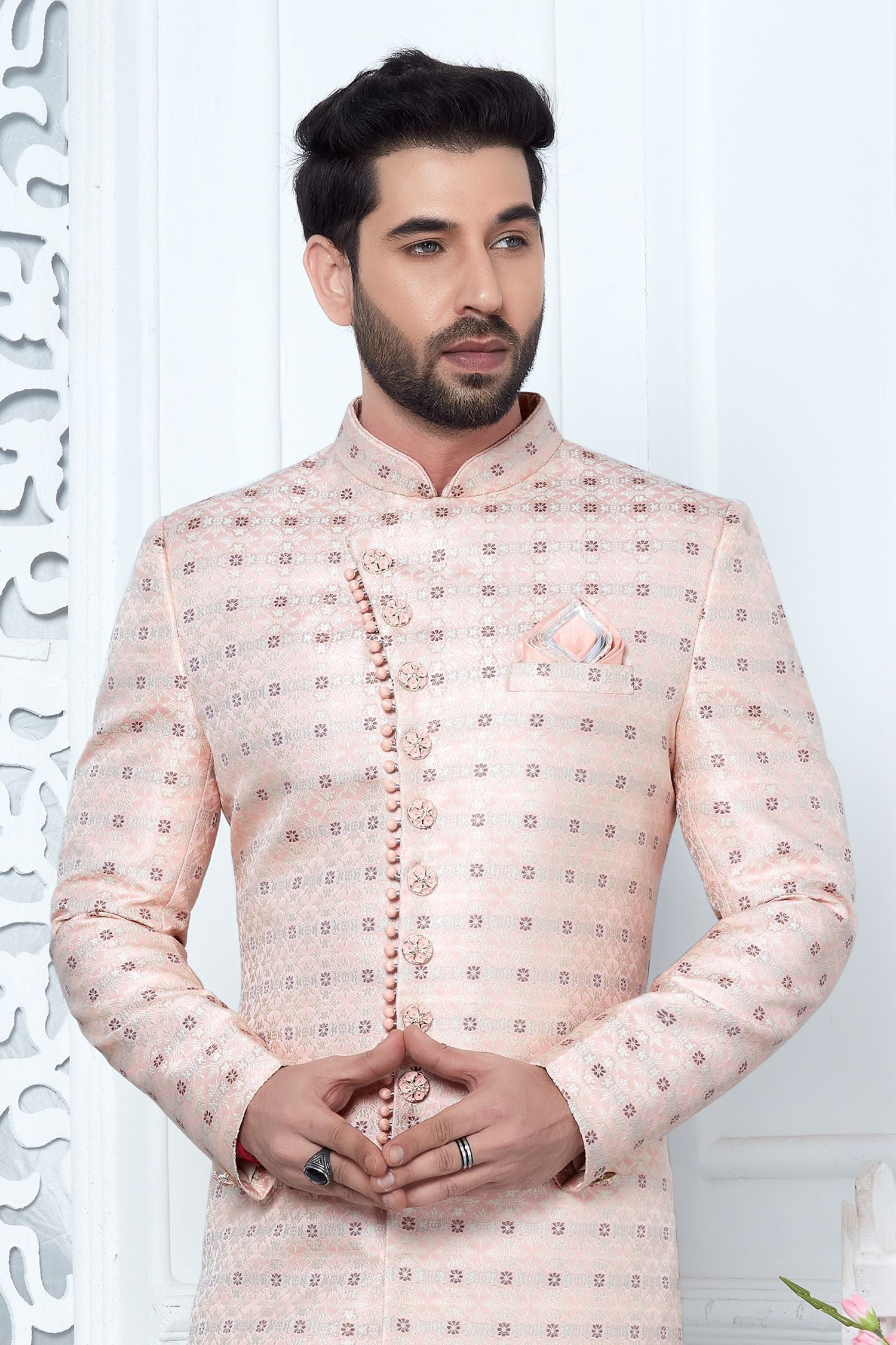 Blush Peach Jacquard Silk Pakistani Mens Kurta Indo Western