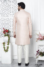 Blush Peach Jacquard Silk Pakistani Mens Kurta Indo Western