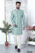 Light Cyan Jacquard Silk Pakistani Mens Kurta Indo Western