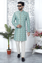 Light Cyan Jacquard Silk Pakistani Mens Kurta Indo Western