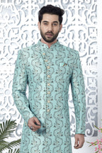 Light Cyan Jacquard Silk Pakistani Mens Kurta Indo Western