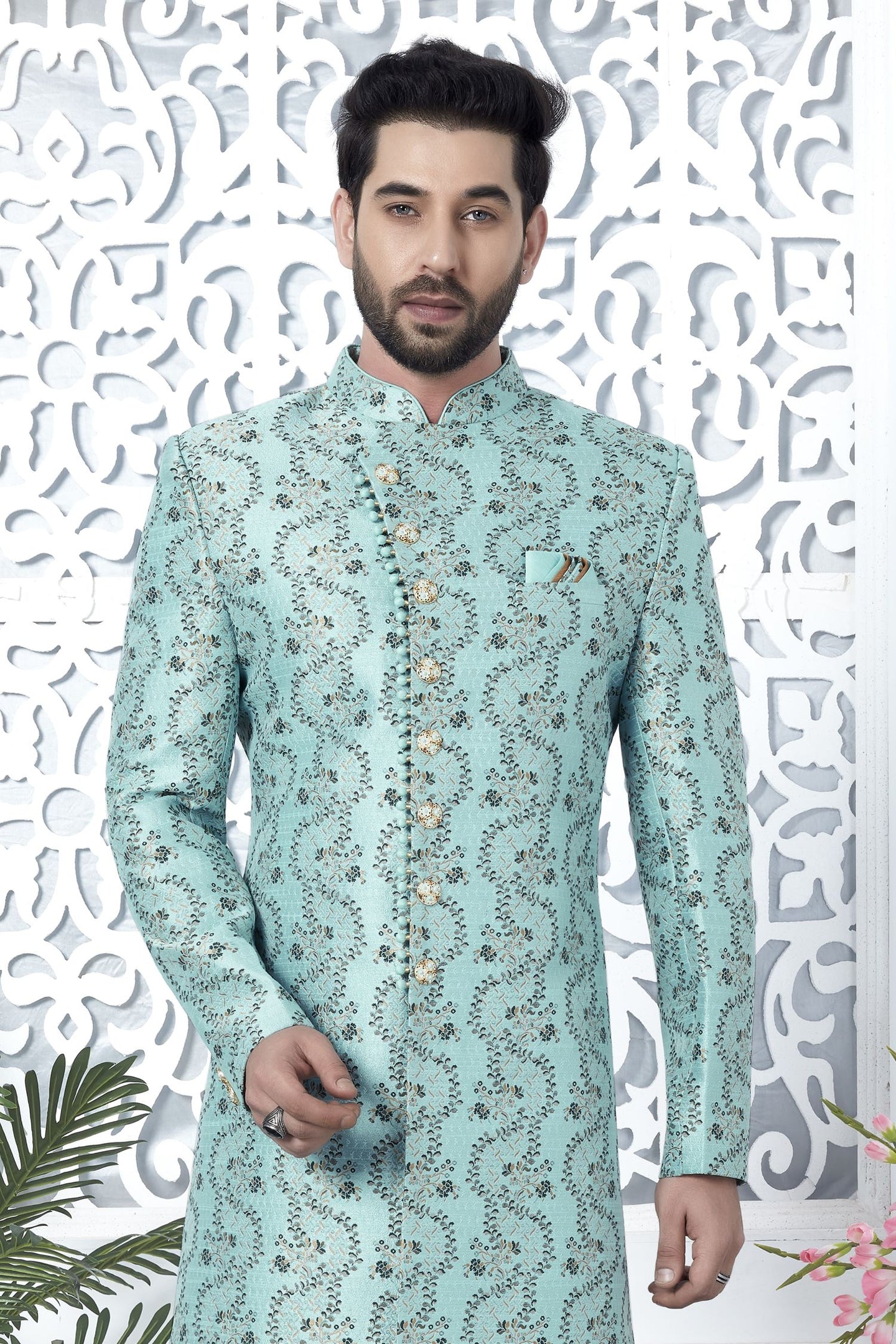 Light Cyan Jacquard Silk Pakistani Mens Kurta Indo Western