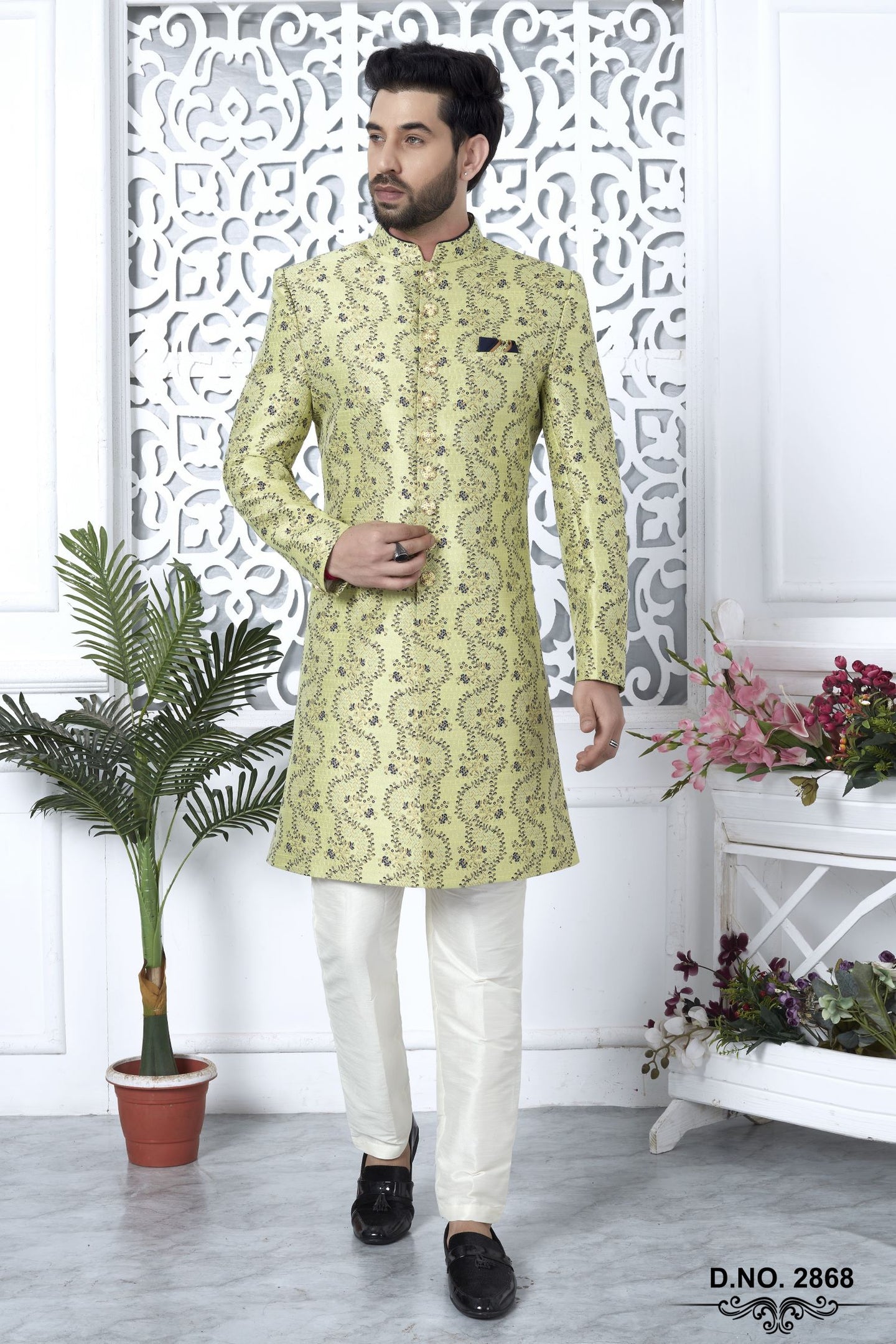 Yellow Green Jacquard Silk Pakistani Mens Kurta Indo Western