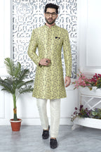 Yellow Green Jacquard Silk Pakistani Mens Kurta Indo Western