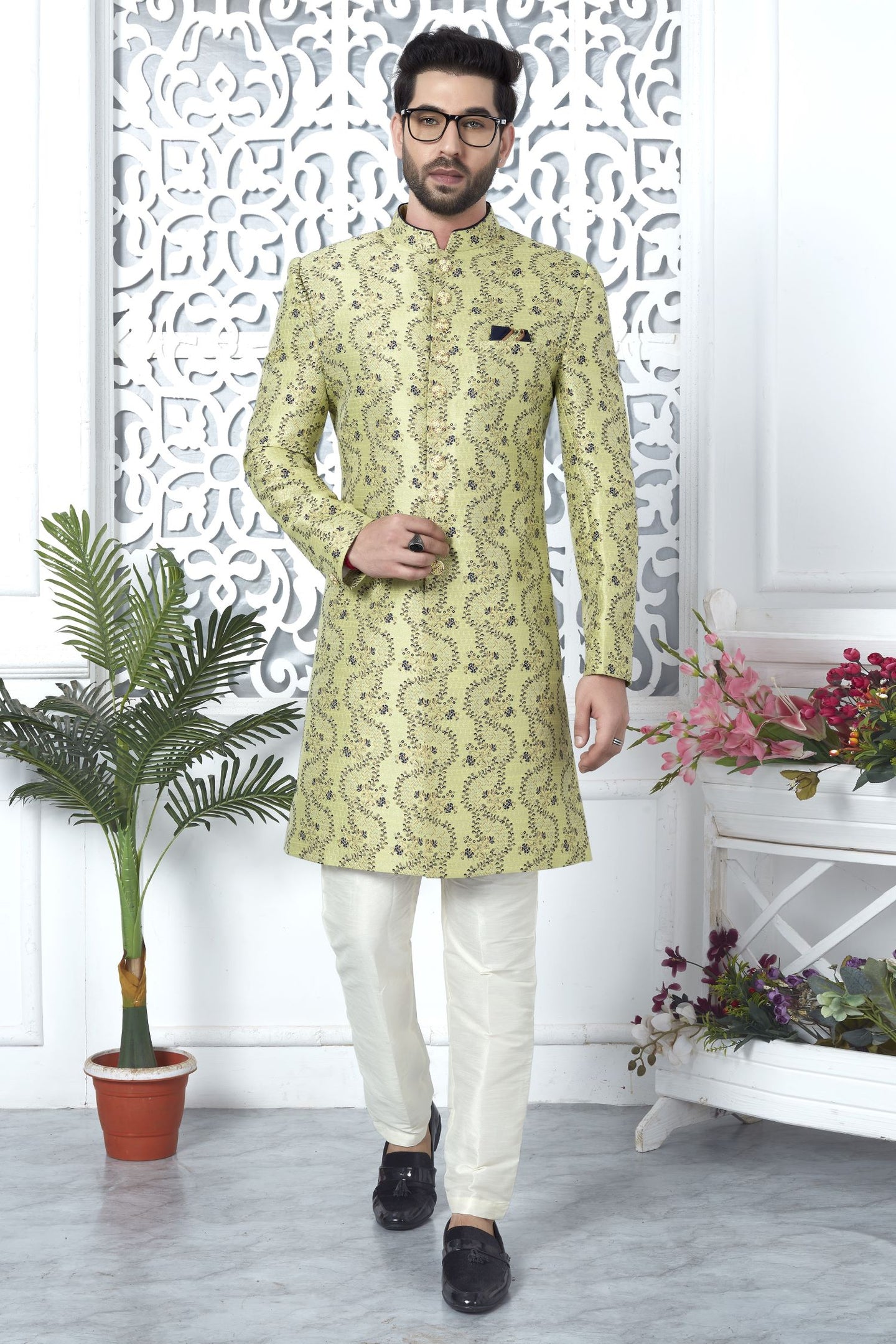Yellow Green Jacquard Silk Pakistani Mens Kurta Indo Western