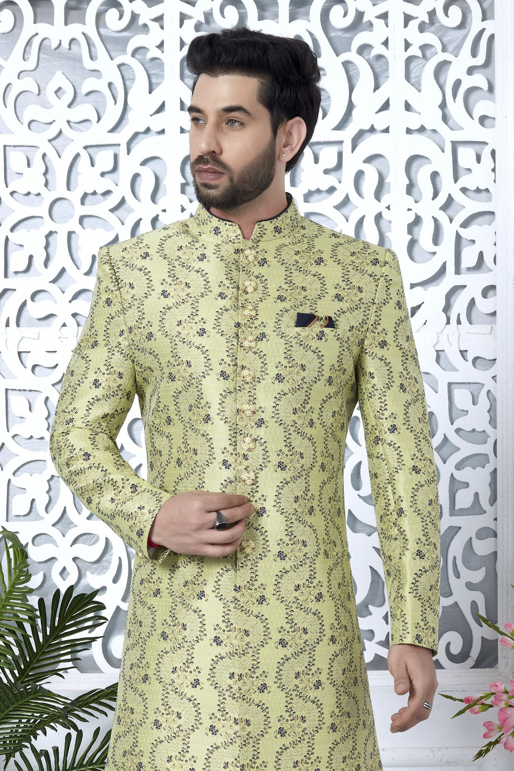 Yellow Green Jacquard Silk Pakistani Mens Kurta Indo Western