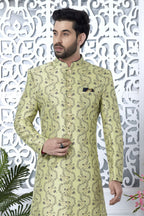 Yellow Green Jacquard Silk Pakistani Mens Kurta Indo Western
