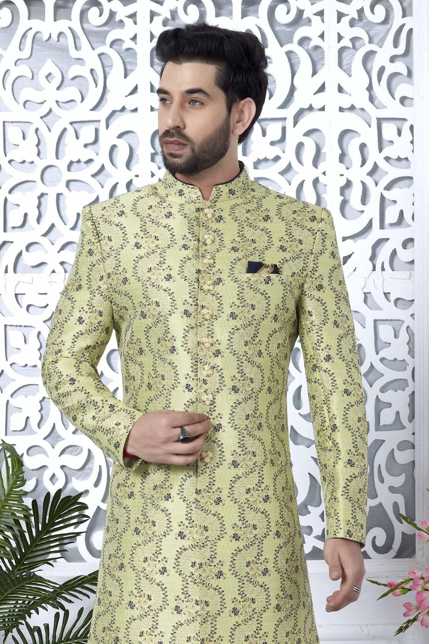 Yellow Green Jacquard Silk Pakistani Mens Kurta Indo Western