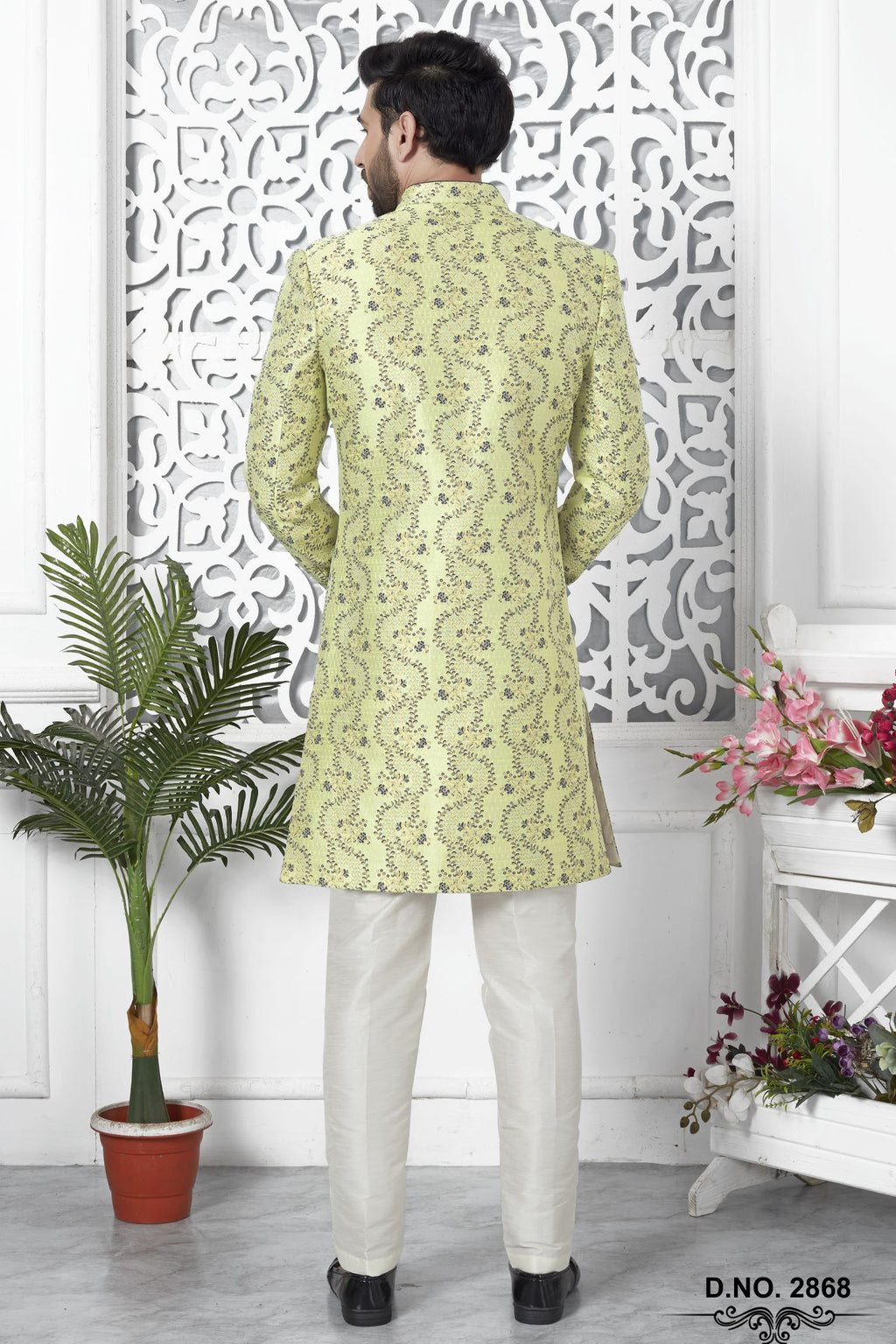 Yellow Green Jacquard Silk Pakistani Mens Kurta Indo Western