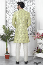 Yellow Green Jacquard Silk Pakistani Mens Kurta Indo Western