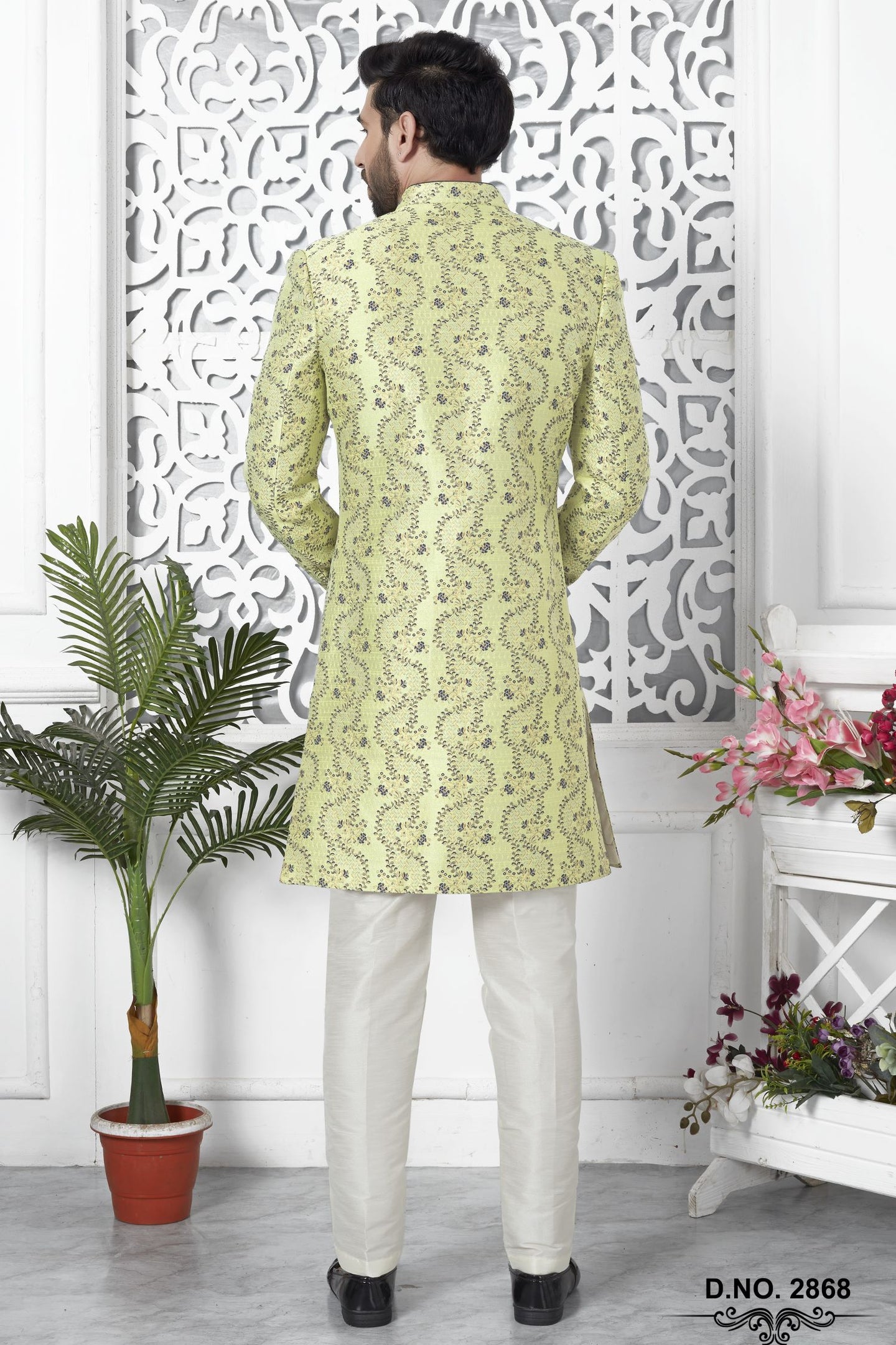 Yellow Green Jacquard Silk Pakistani Mens Kurta Indo Western