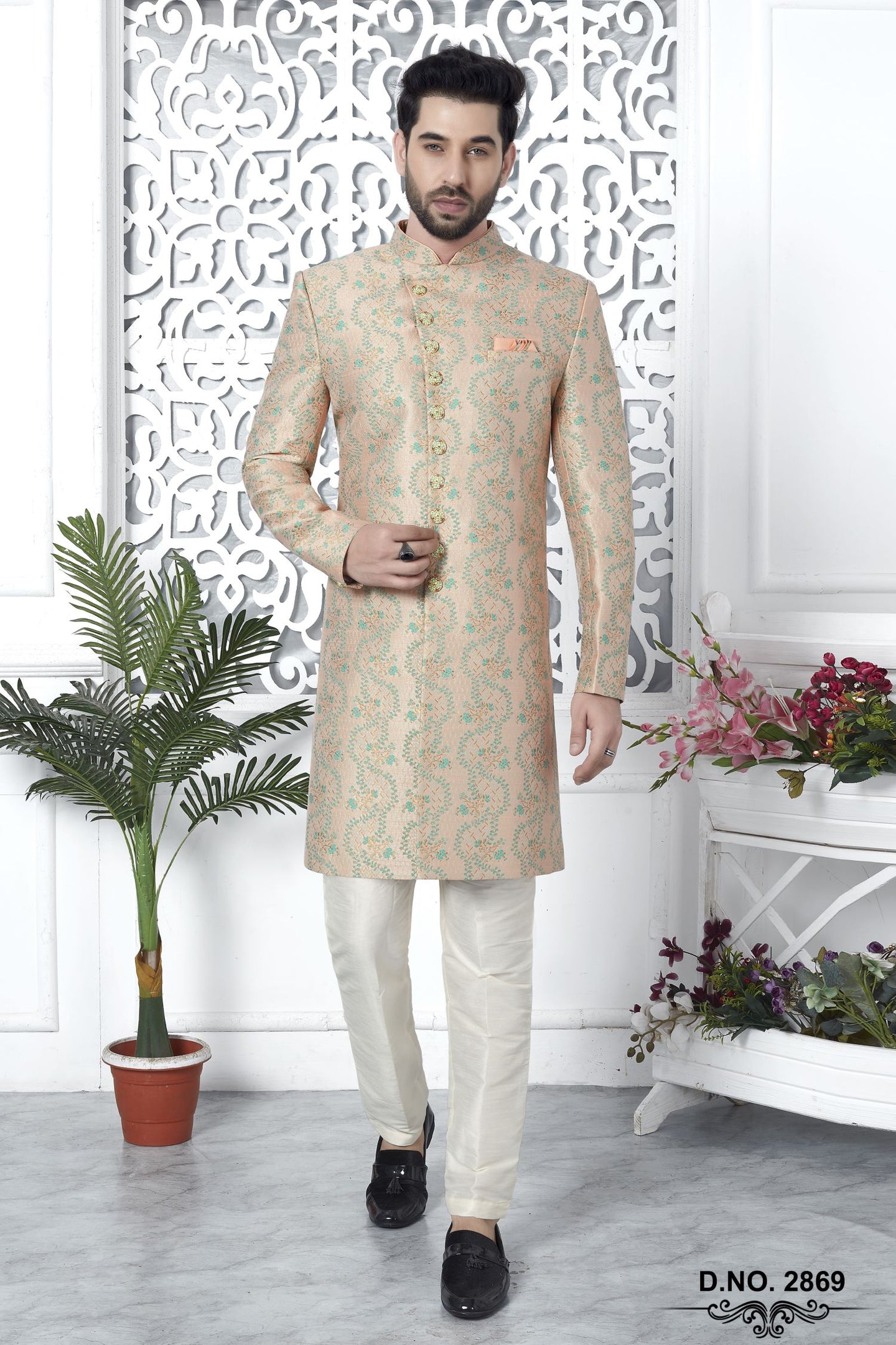 Champagne Jacquard Silk Indo Western Pakistani Mens Kurta