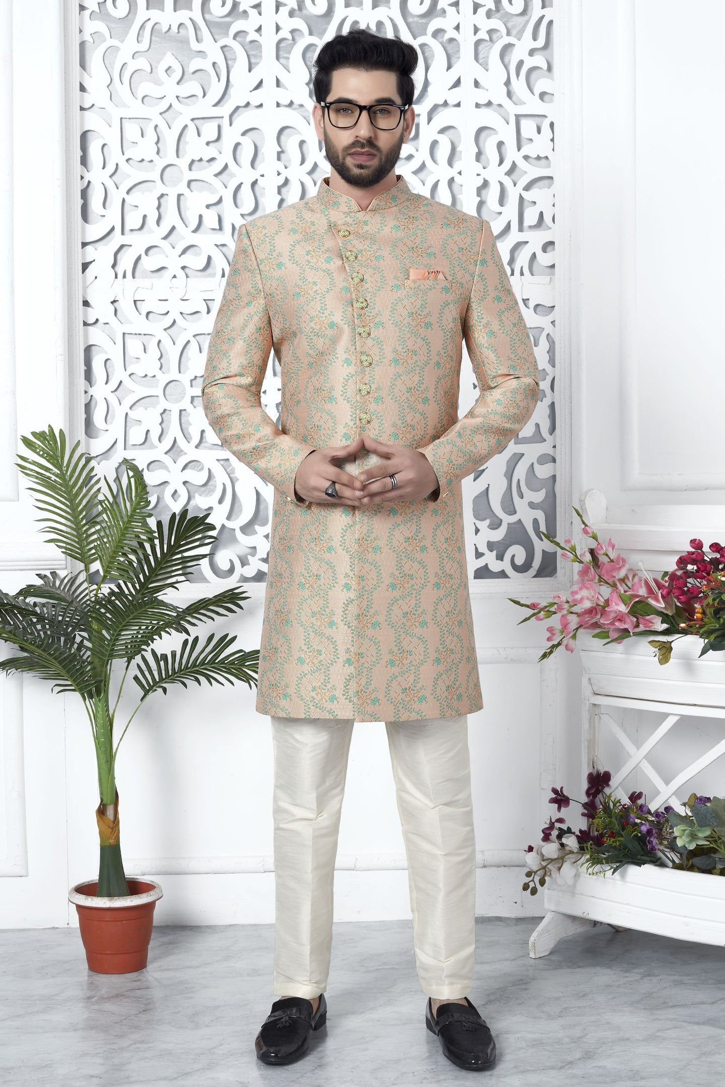 Champagne Jacquard Silk Indo Western Pakistani Mens Kurta
