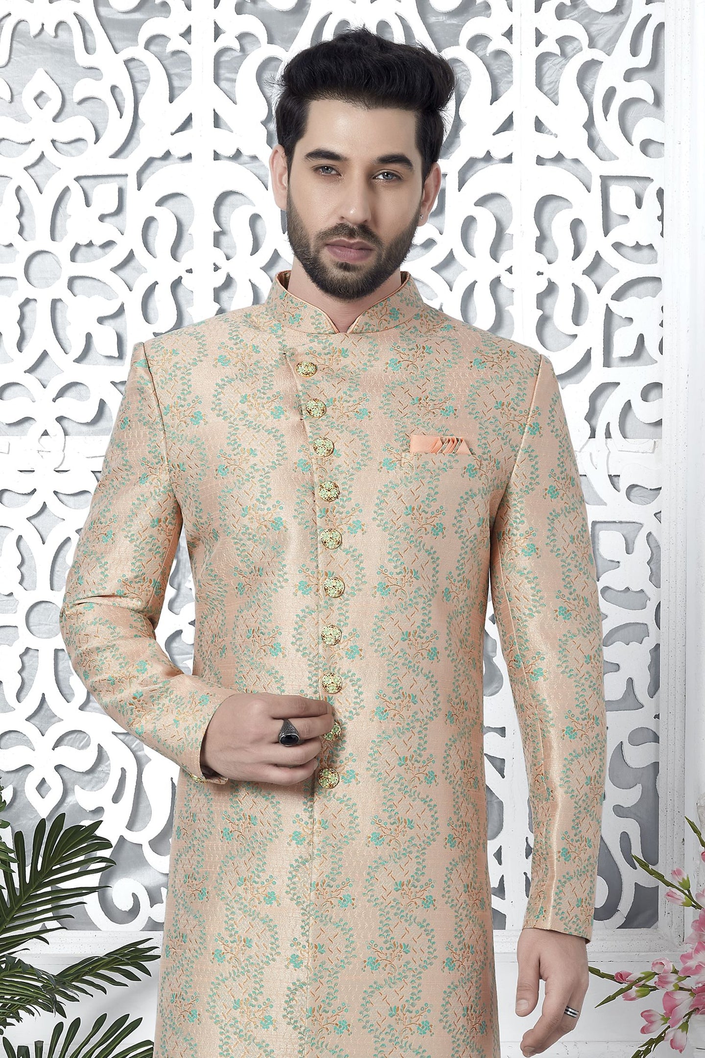 Champagne Jacquard Silk Indo Western Pakistani Mens Kurta