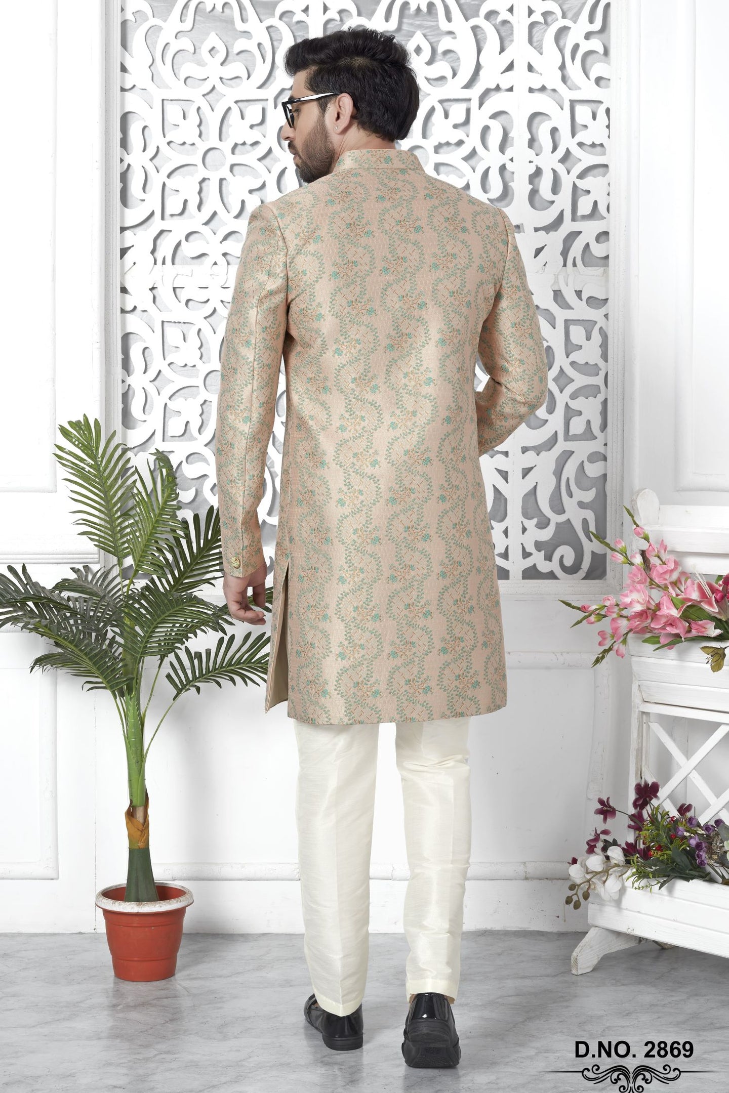 Champagne Jacquard Silk Indo Western Pakistani Mens Kurta