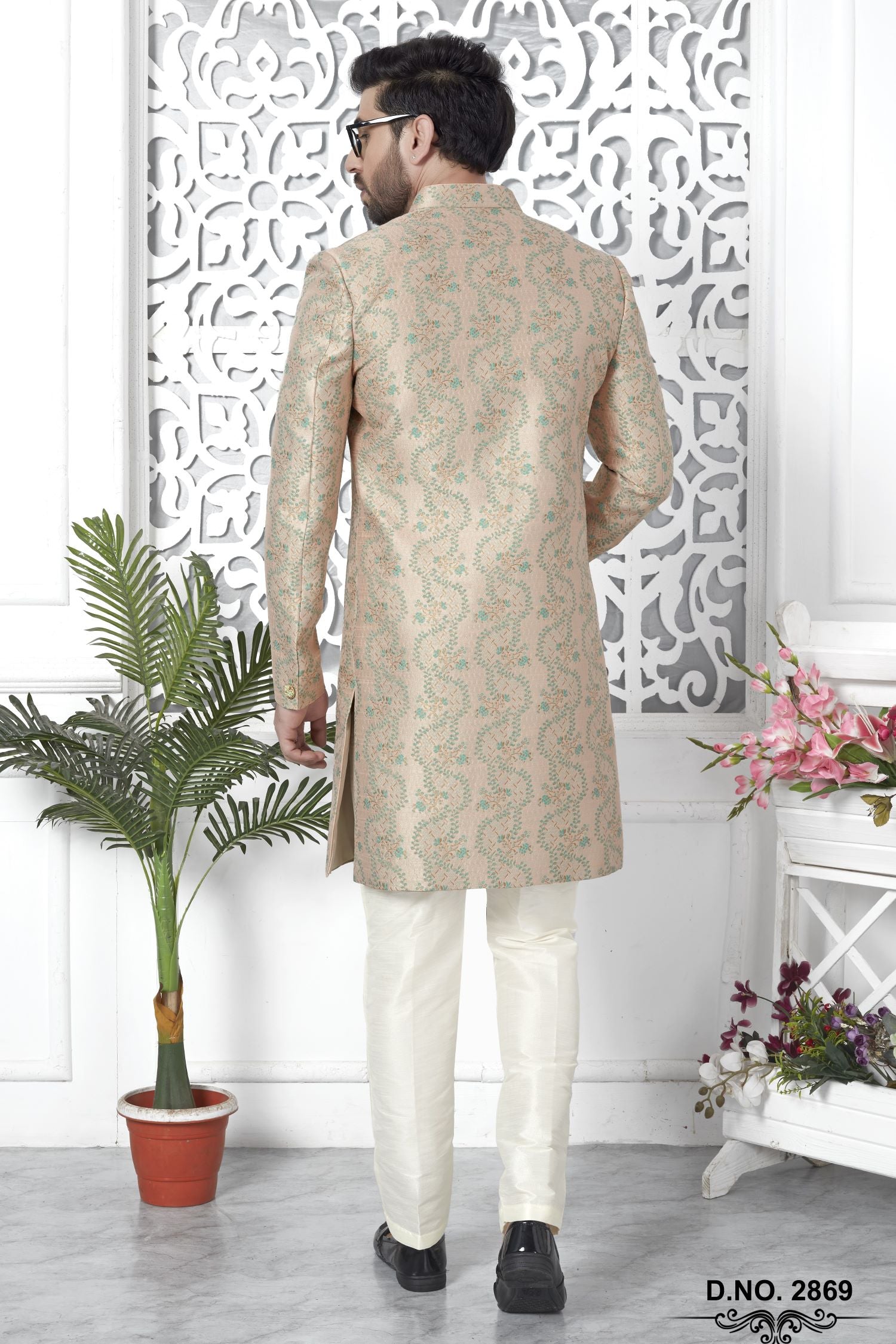 Champagne Jacquard Silk Indo Western Pakistani Mens Kurta