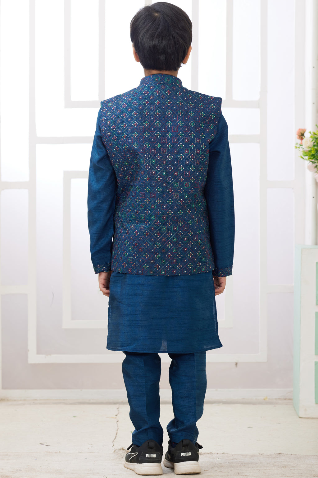 Drak Blue Art Silk 3 Piece Kids Wear Boys Suit Kurta Pajama with Waistcoat Nehru Jacket for Kids for Festivals & Wedding - Embroidery Work