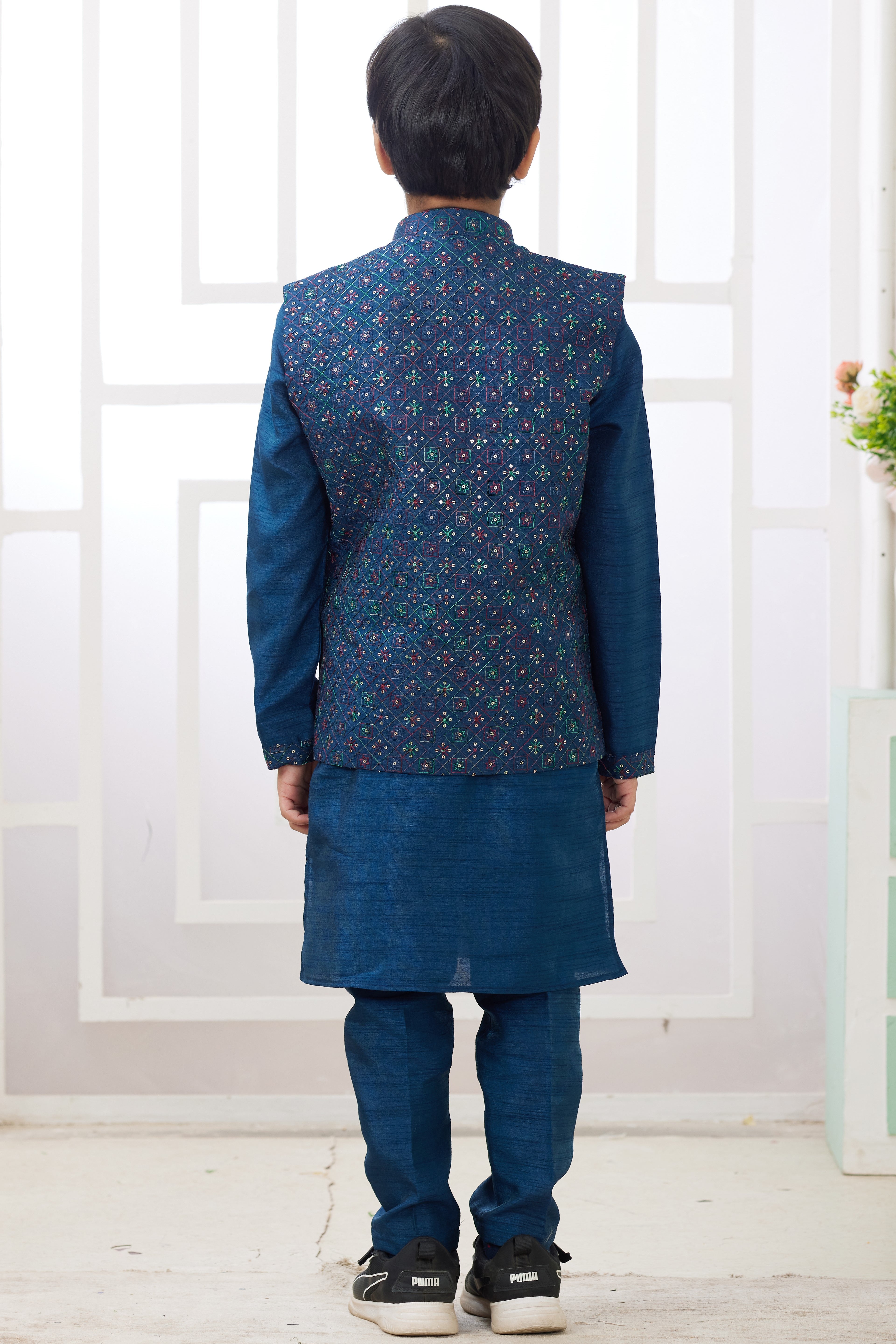 Drak Blue Art Silk 3 Piece Kids Wear Boys Suit Kurta Pajama with Waistcoat Nehru Jacket for Kids for Festivals & Wedding - Embroidery Work