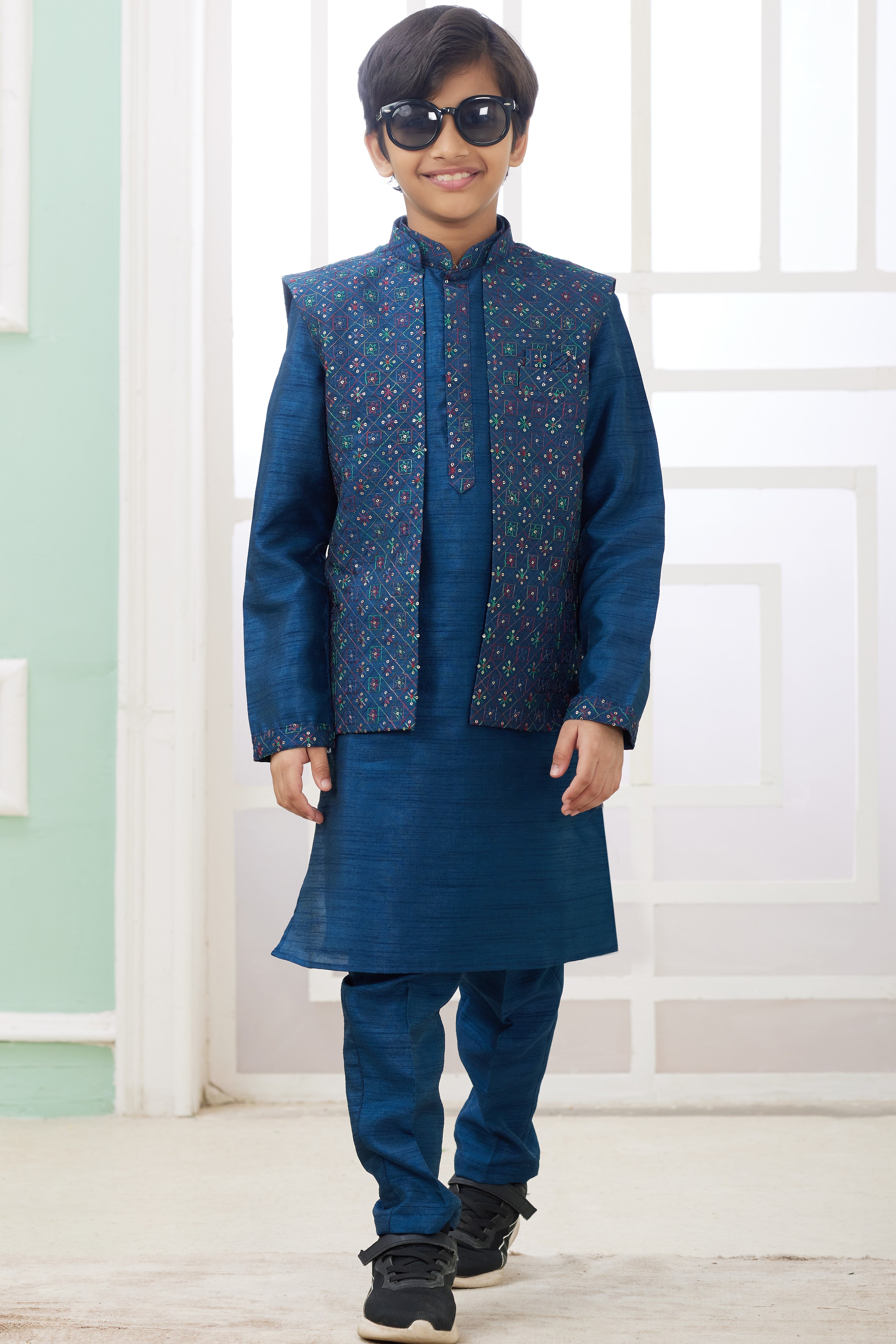 Drak Blue Art Silk 3 Piece Kids Wear Boys Suit Kurta Pajama with Waistcoat Nehru Jacket for Kids for Festivals & Wedding - Embroidery Work
