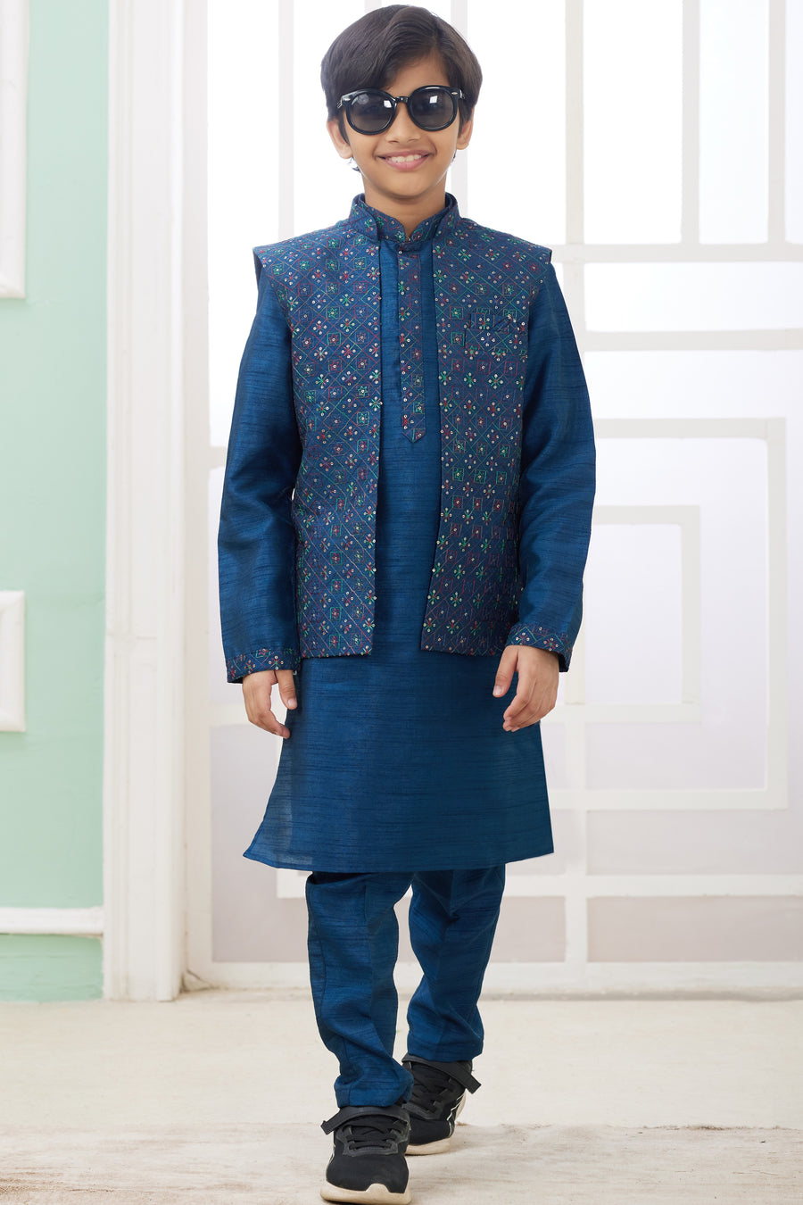 Drak Blue Art Silk 3 Piece Kids Wear Boys Suit Kurta Pajama with Waistcoat Nehru Jacket for Kids for Festivals & Wedding - Embroidery Work