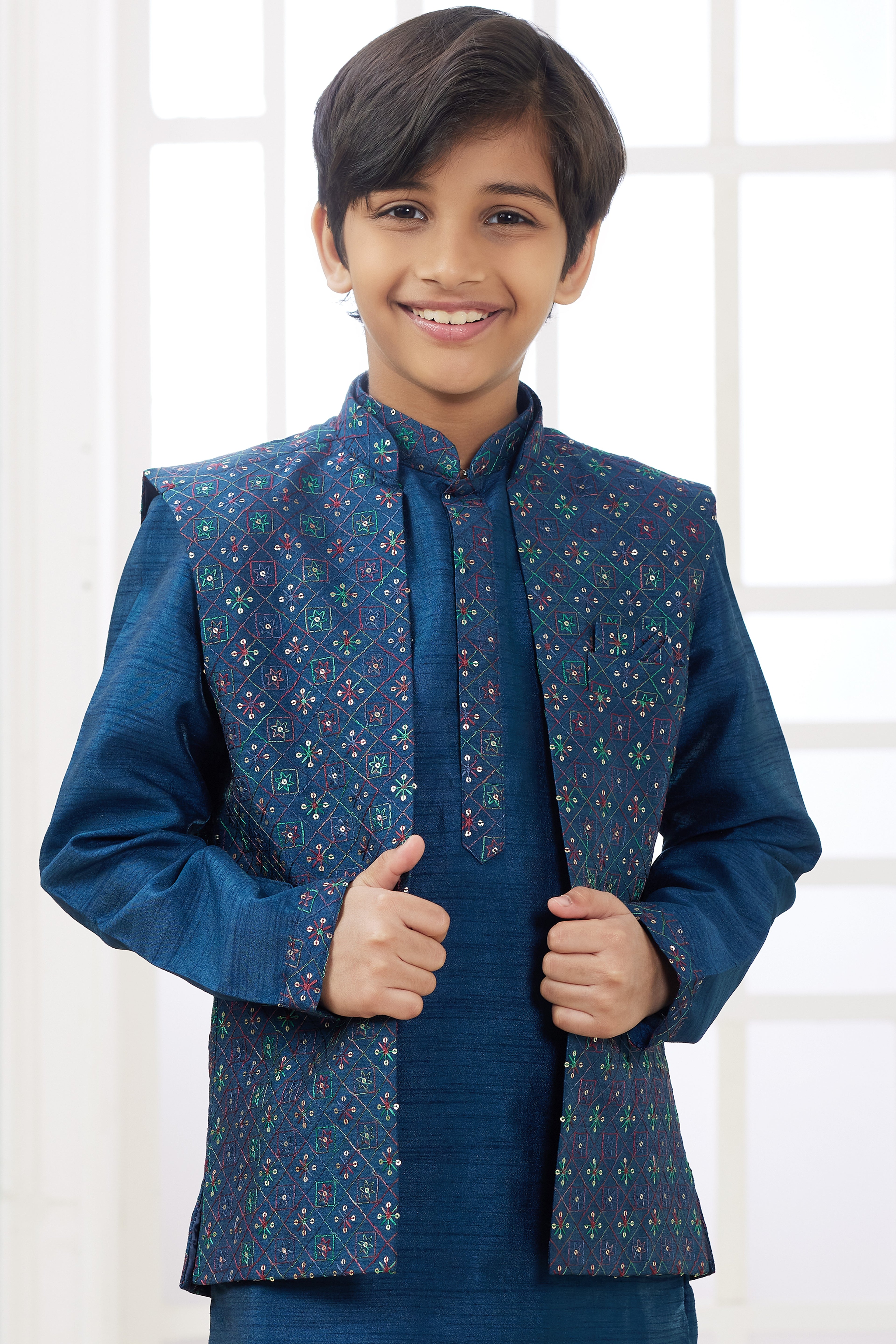 Drak Blue Art Silk 3 Piece Kids Wear Boys Suit Kurta Pajama with Waistcoat Nehru Jacket for Kids for Festivals & Wedding - Embroidery Work