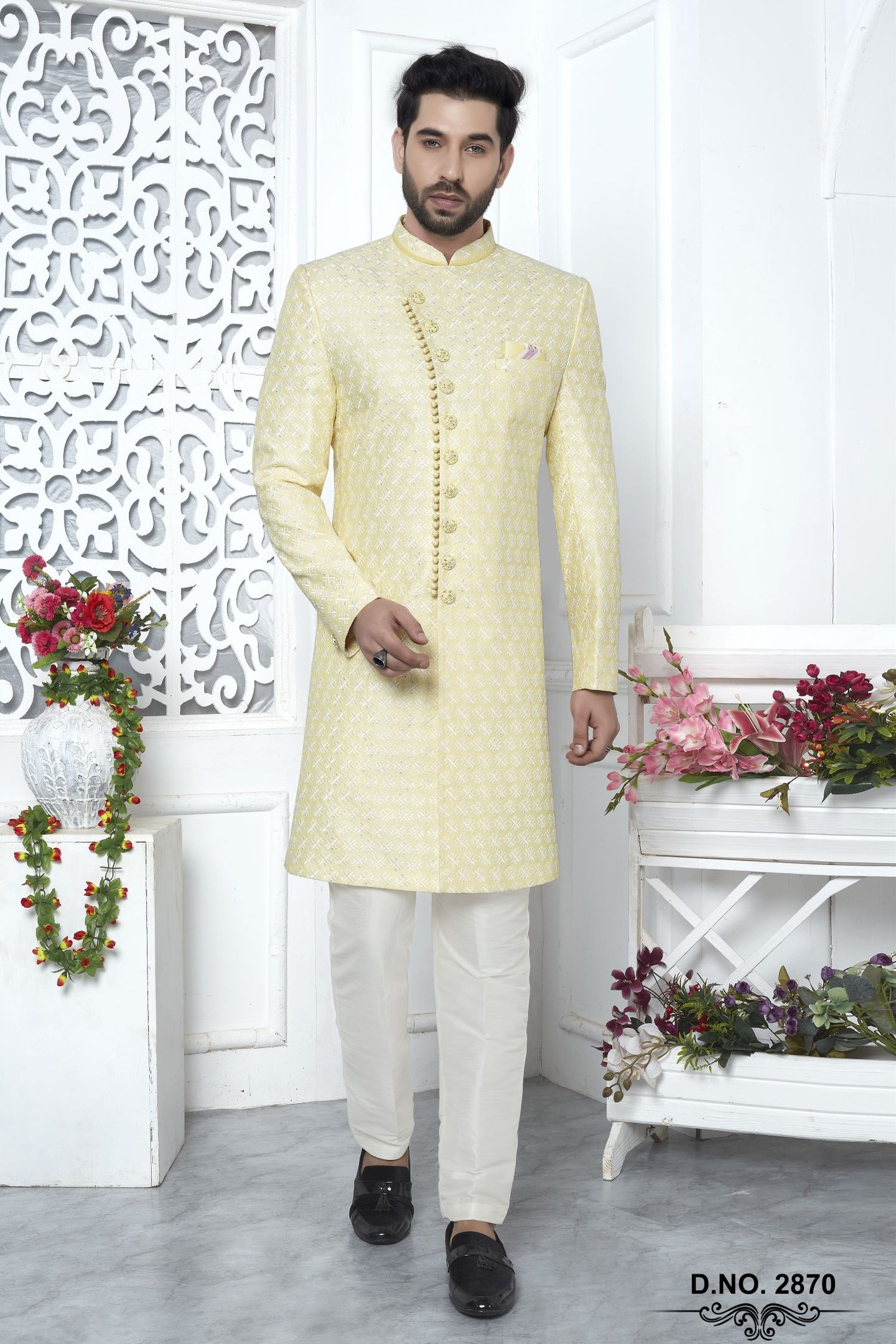 Cream Art Silk Embroidery Work Men's Wedding Reception Outfit