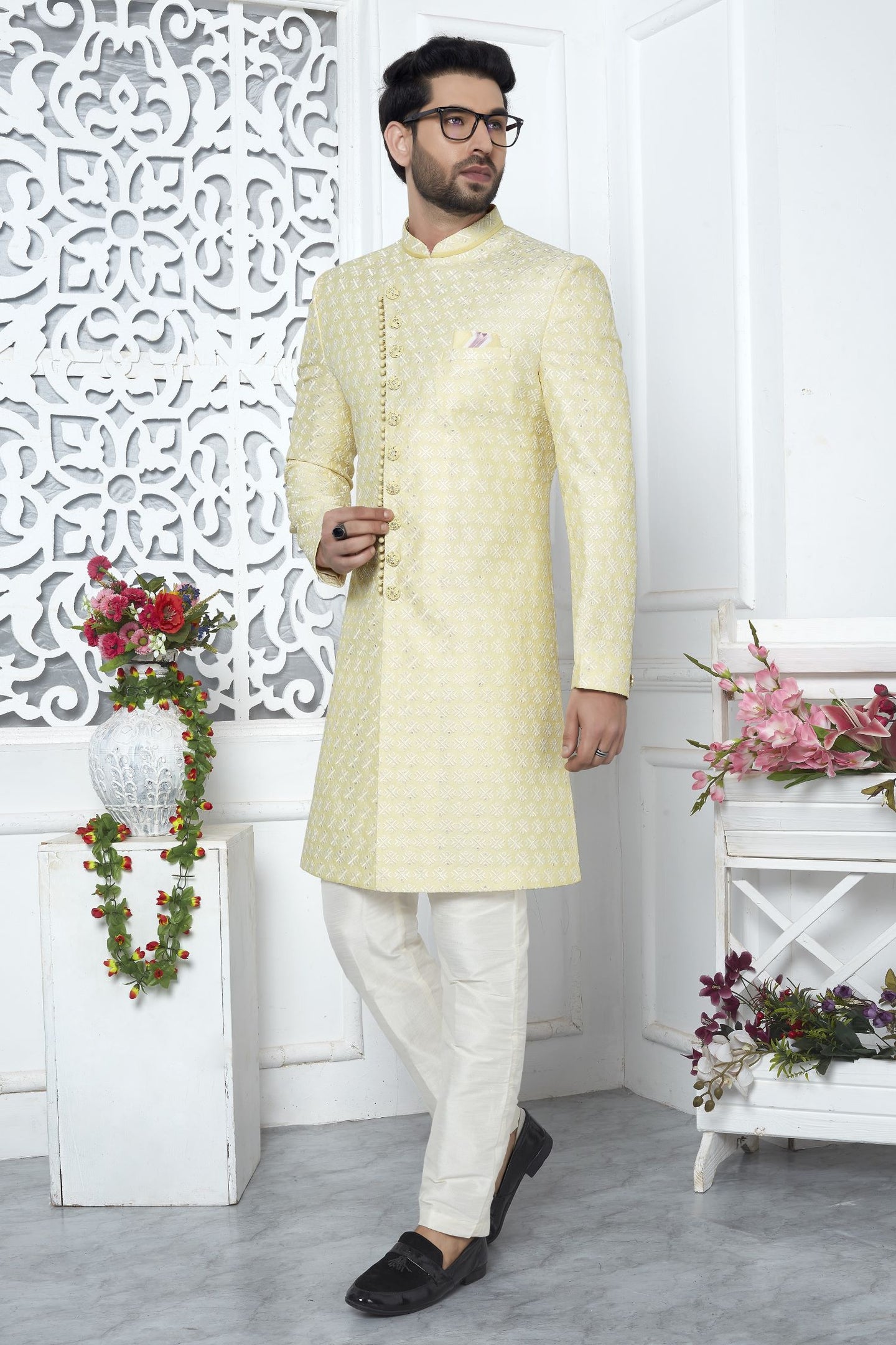 Cream Art Silk Embroidery Work Men's Wedding Reception Outfit
