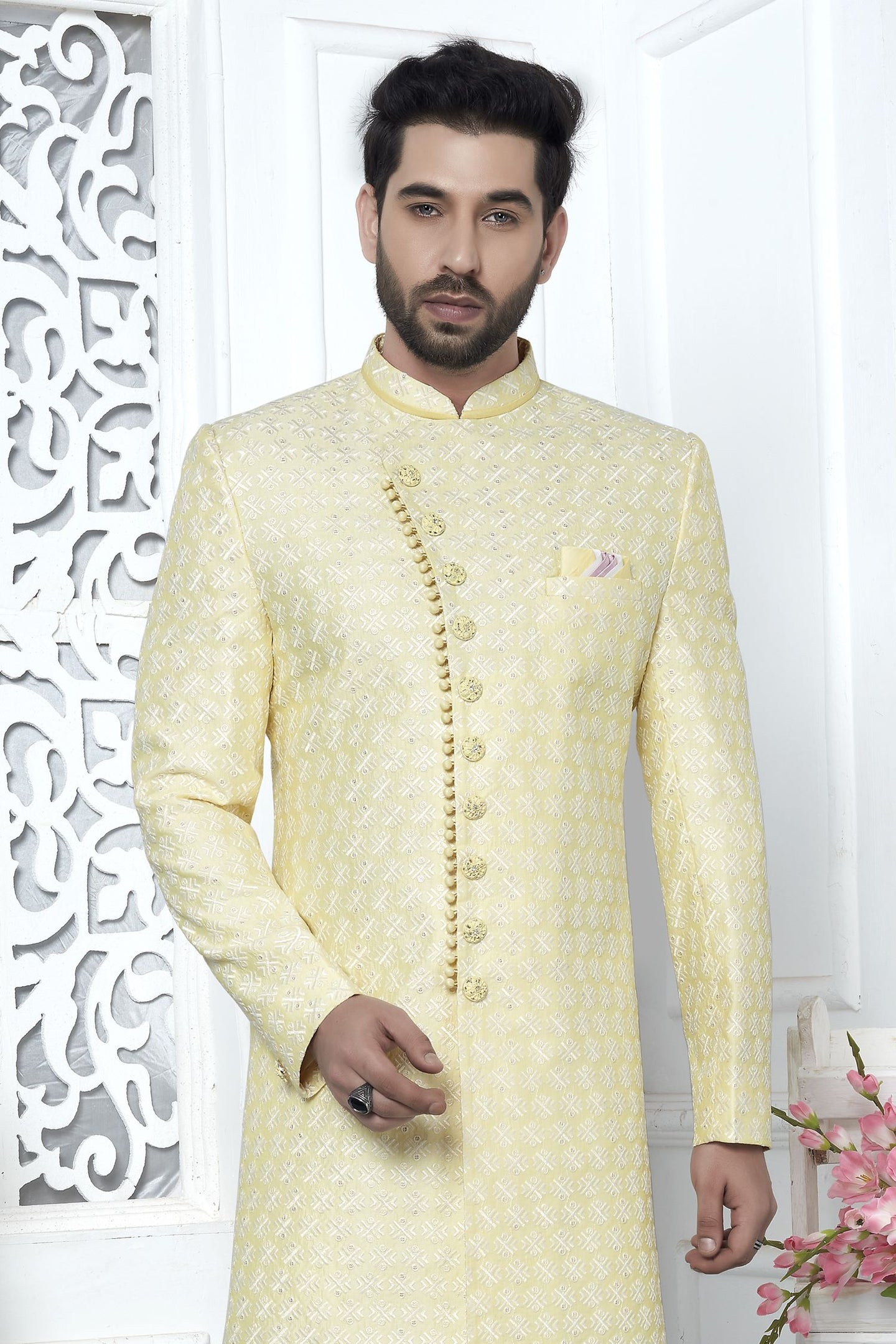 Cream Art Silk Embroidery Work Men's Wedding Reception Outfit