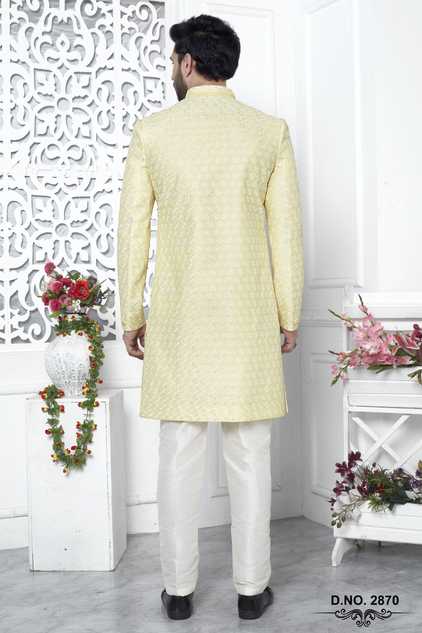 Cream Art Silk Embroidery Work Men's Wedding Reception Outfit