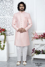 Cream Pink Art Silk Men's Wedding Reception Outfit with Embroidery