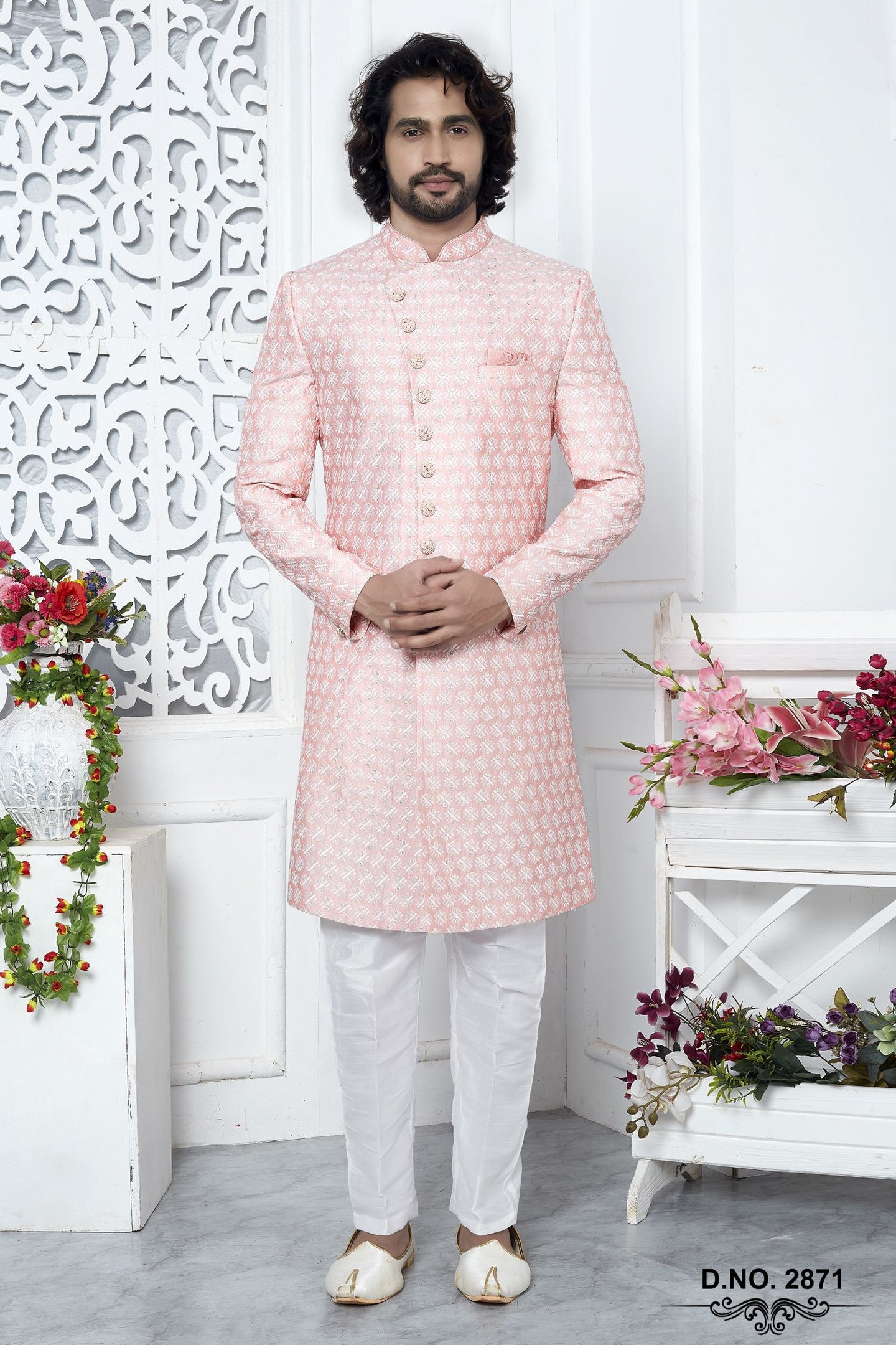 Cream Pink Art Silk Men's Wedding Reception Outfit with Embroidery