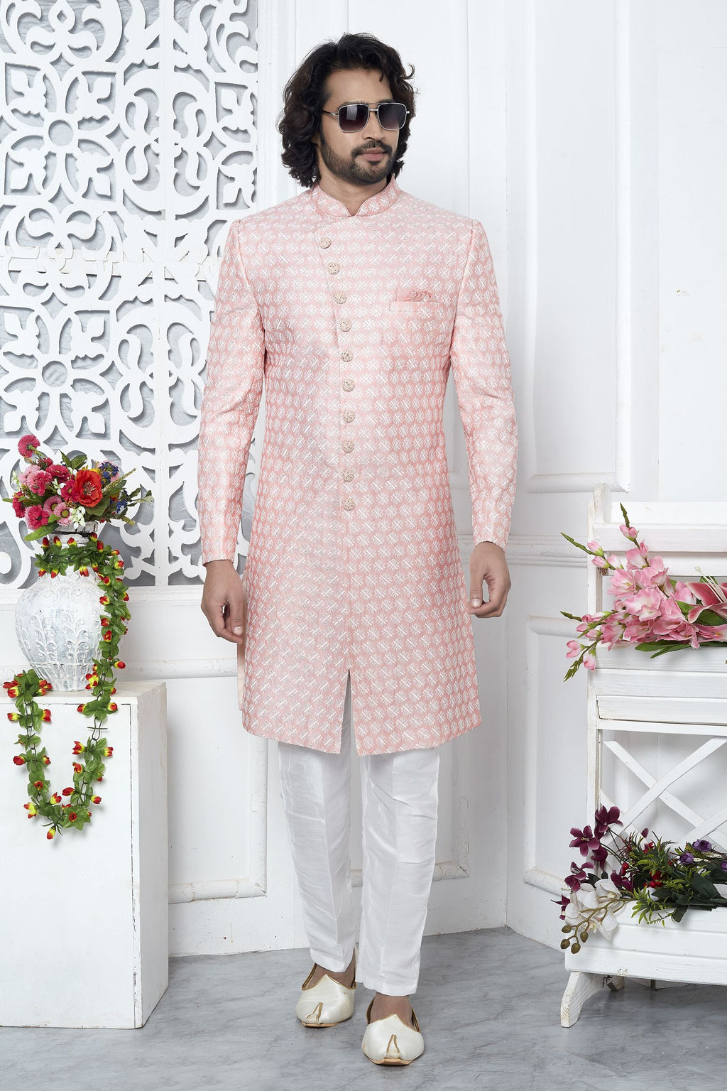 Cream Pink Art Silk Men's Wedding Reception Outfit with Embroidery