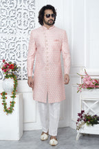Cream Pink Art Silk Men's Wedding Reception Outfit with Embroidery