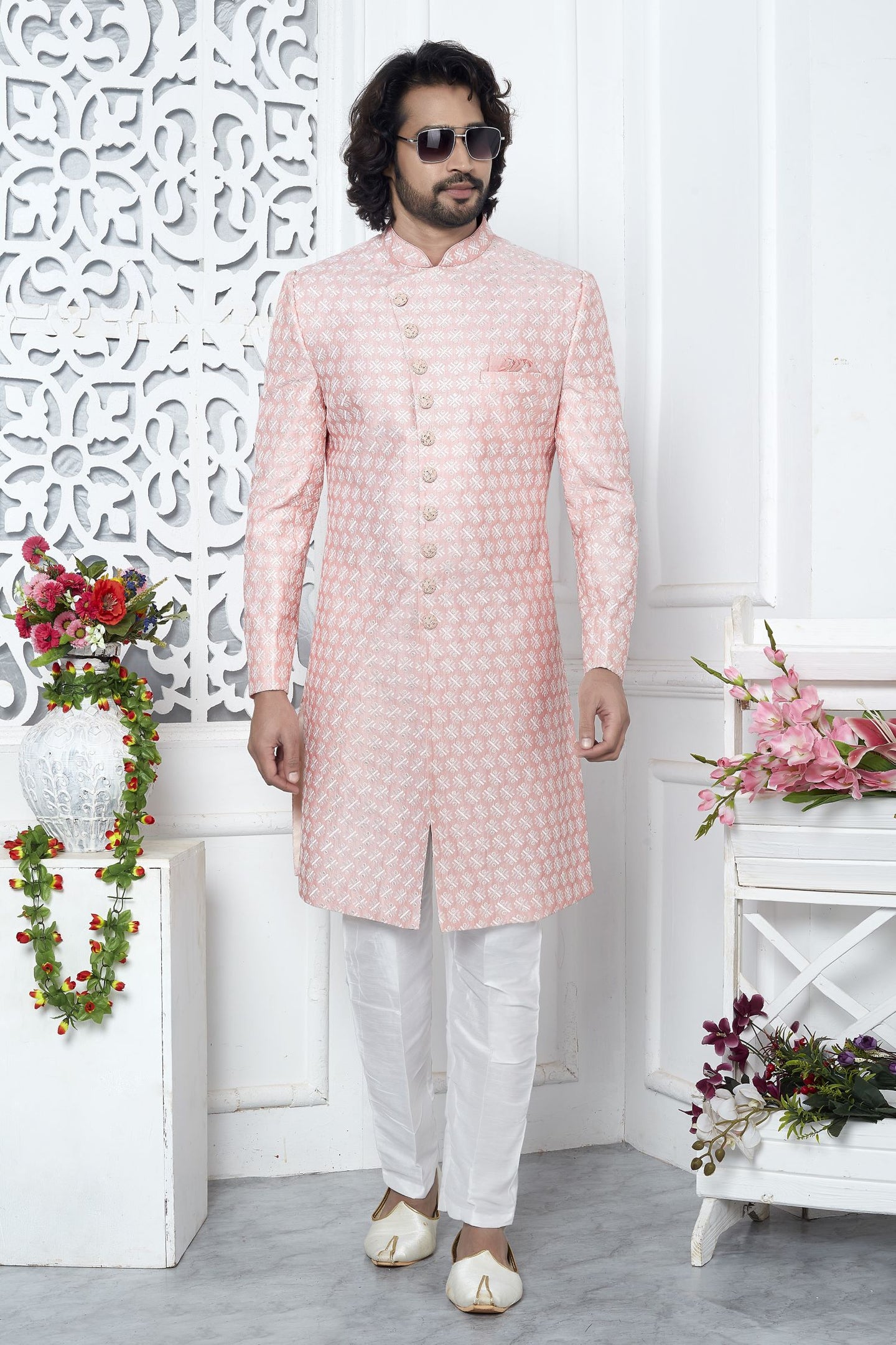 Cream Pink Art Silk Men's Wedding Reception Outfit with Embroidery