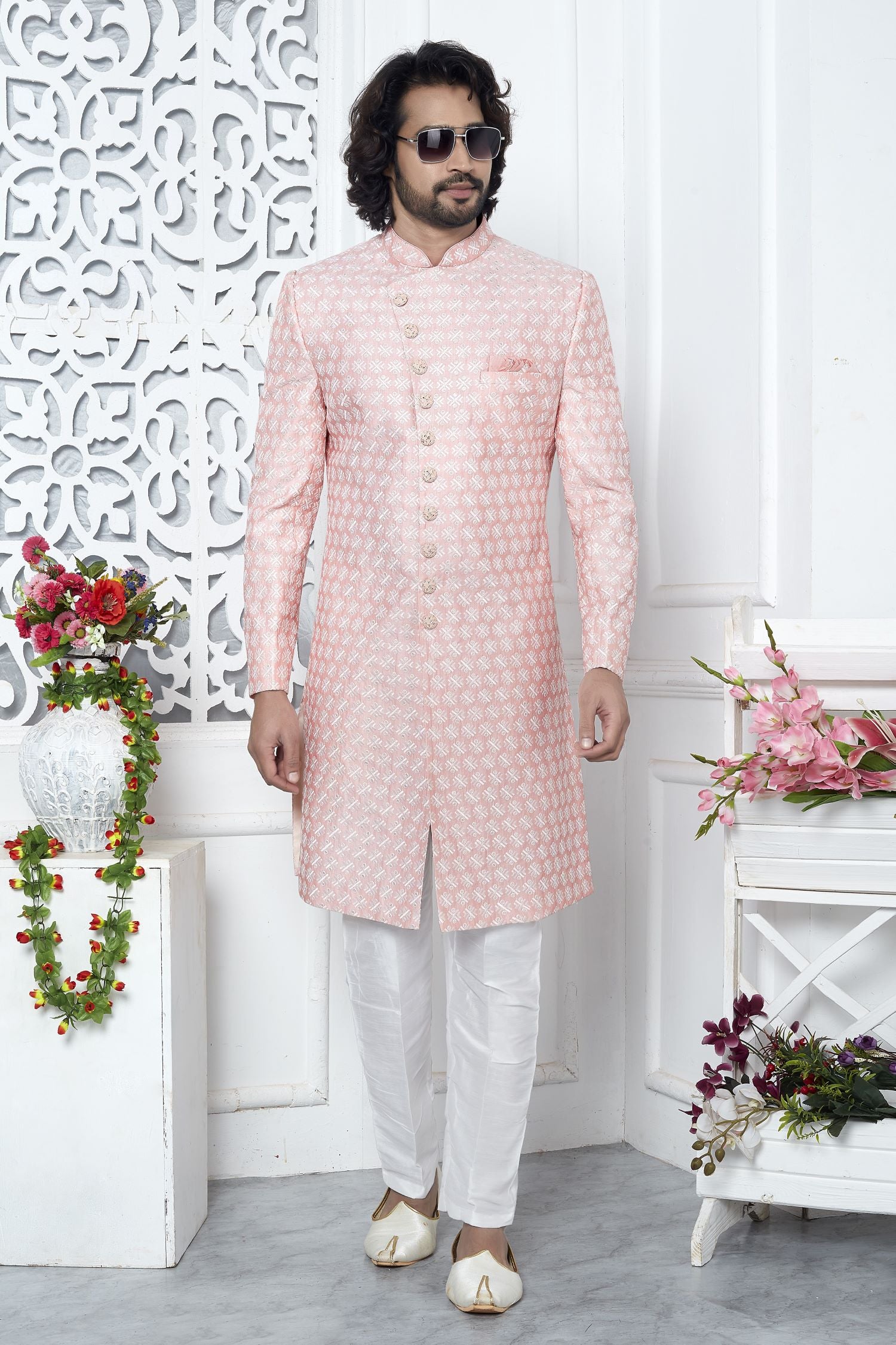Cream Pink Art Silk Men's Wedding Reception Outfit with Embroidery