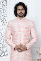 Cream Pink Art Silk Men's Wedding Reception Outfit with Embroidery