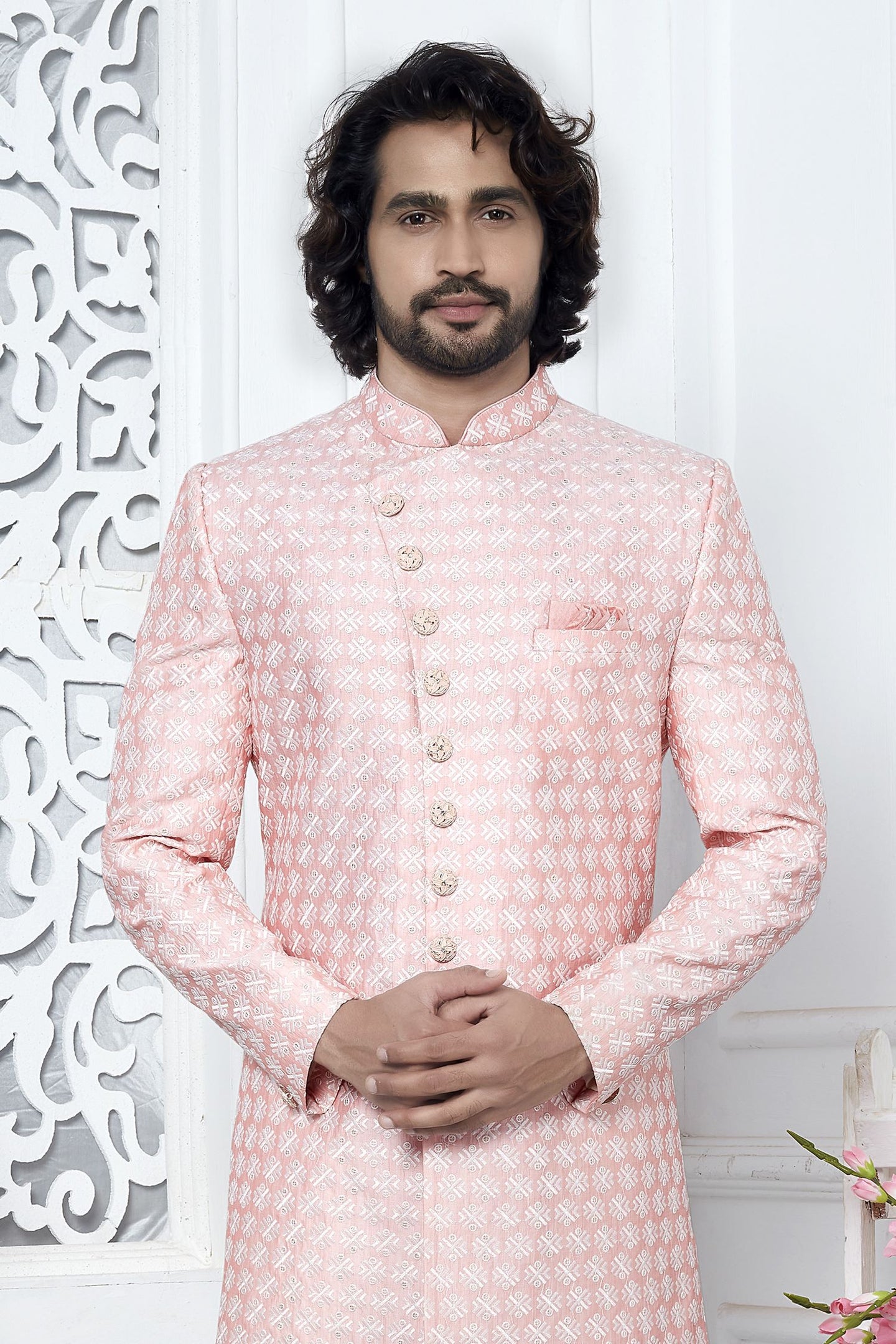 Cream Pink Art Silk Men's Wedding Reception Outfit with Embroidery