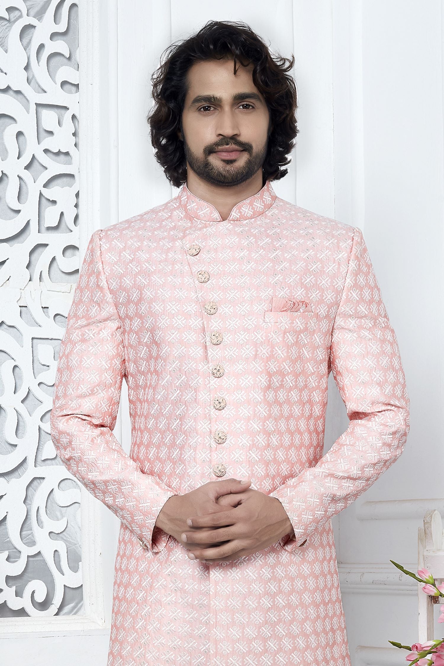 Cream Pink Art Silk Men's Wedding Reception Outfit with Embroidery