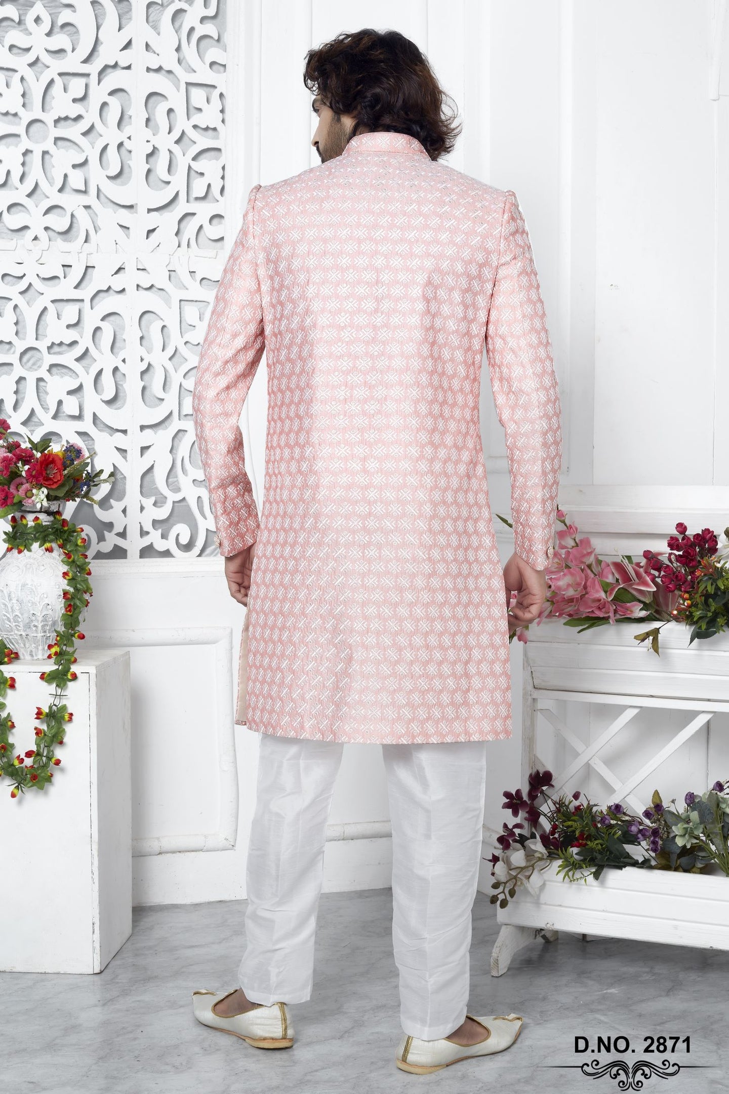 Cream Pink Art Silk Men's Wedding Reception Outfit with Embroidery
