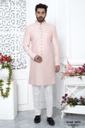Peach Beige Art Silk Embroidery Indo Western Wedding Reception Dress for Male