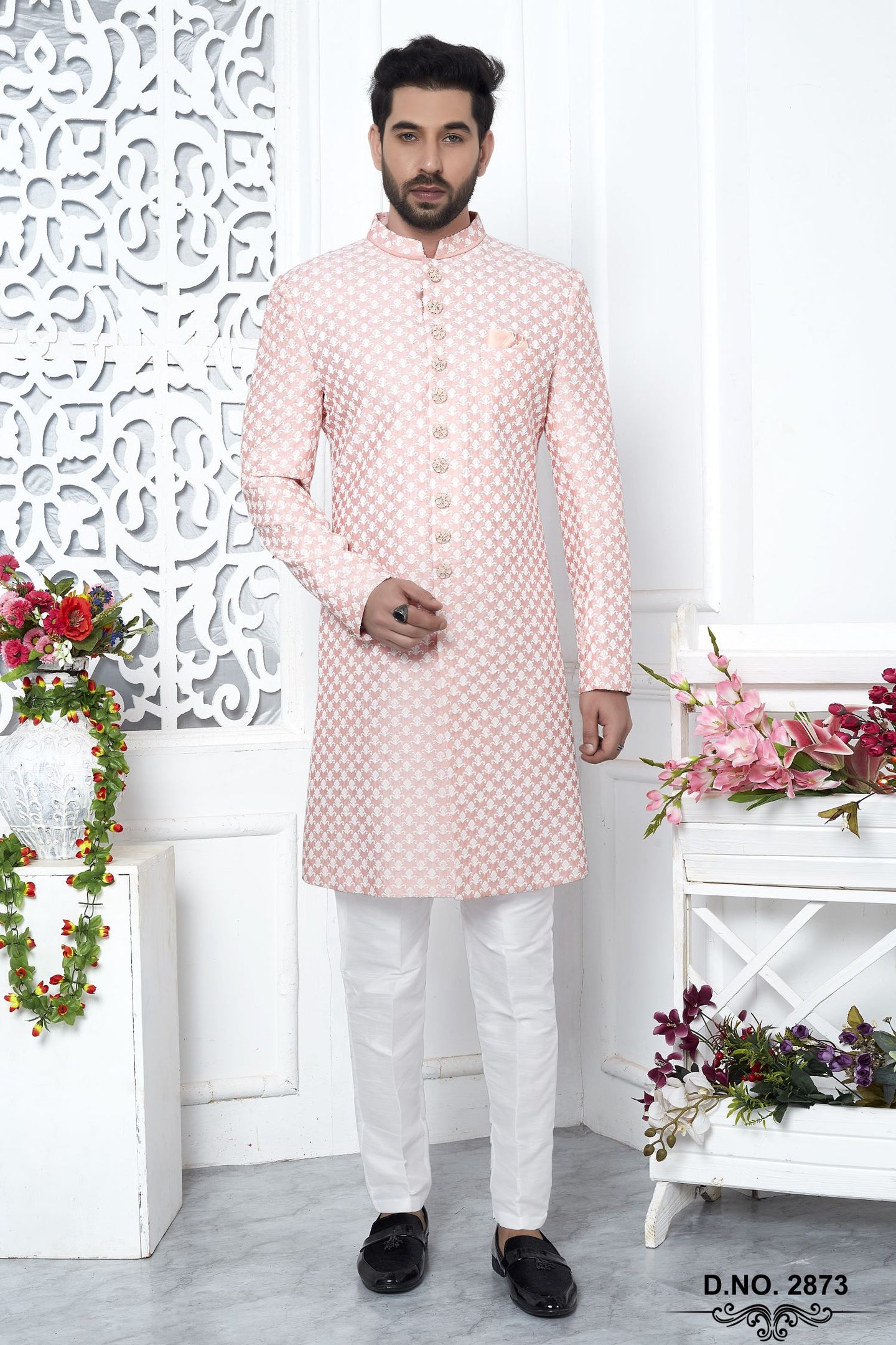 Peach Beige Art Silk Embroidery Indo Western Wedding Reception Dress for Male