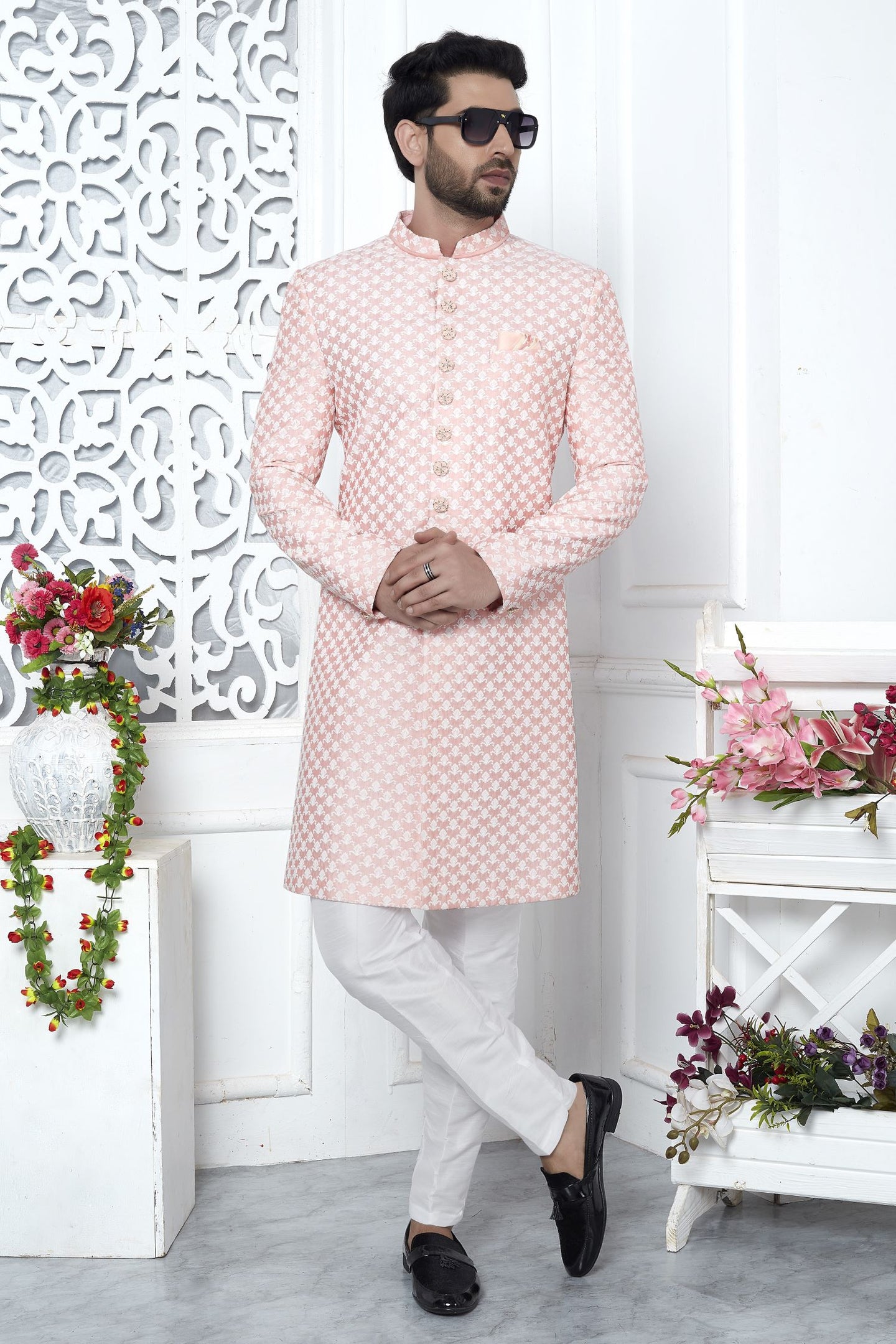 Peach Beige Art Silk Embroidery Indo Western Wedding Reception Dress for Male