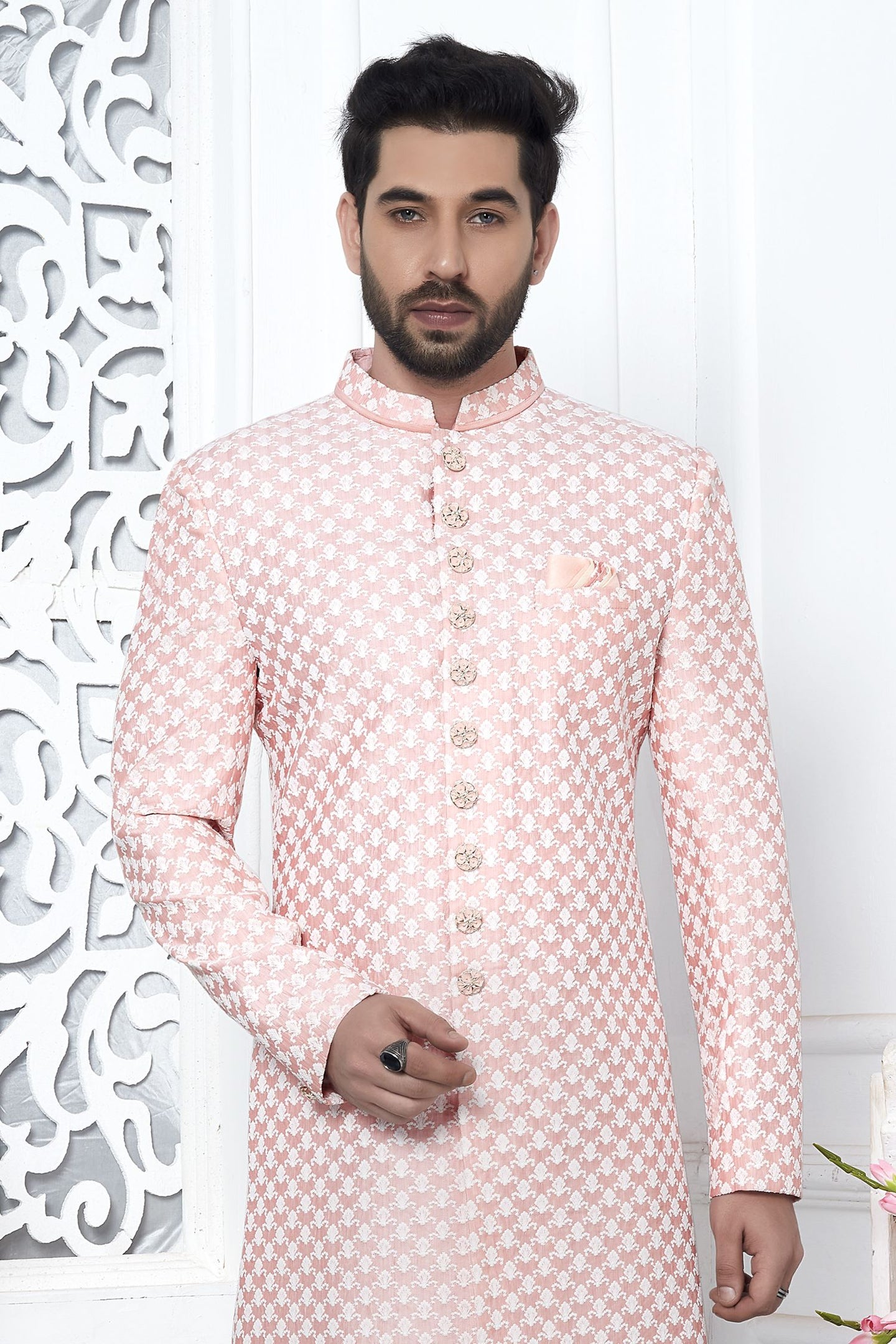 Peach Beige Art Silk Embroidery Indo Western Wedding Reception Dress for Male