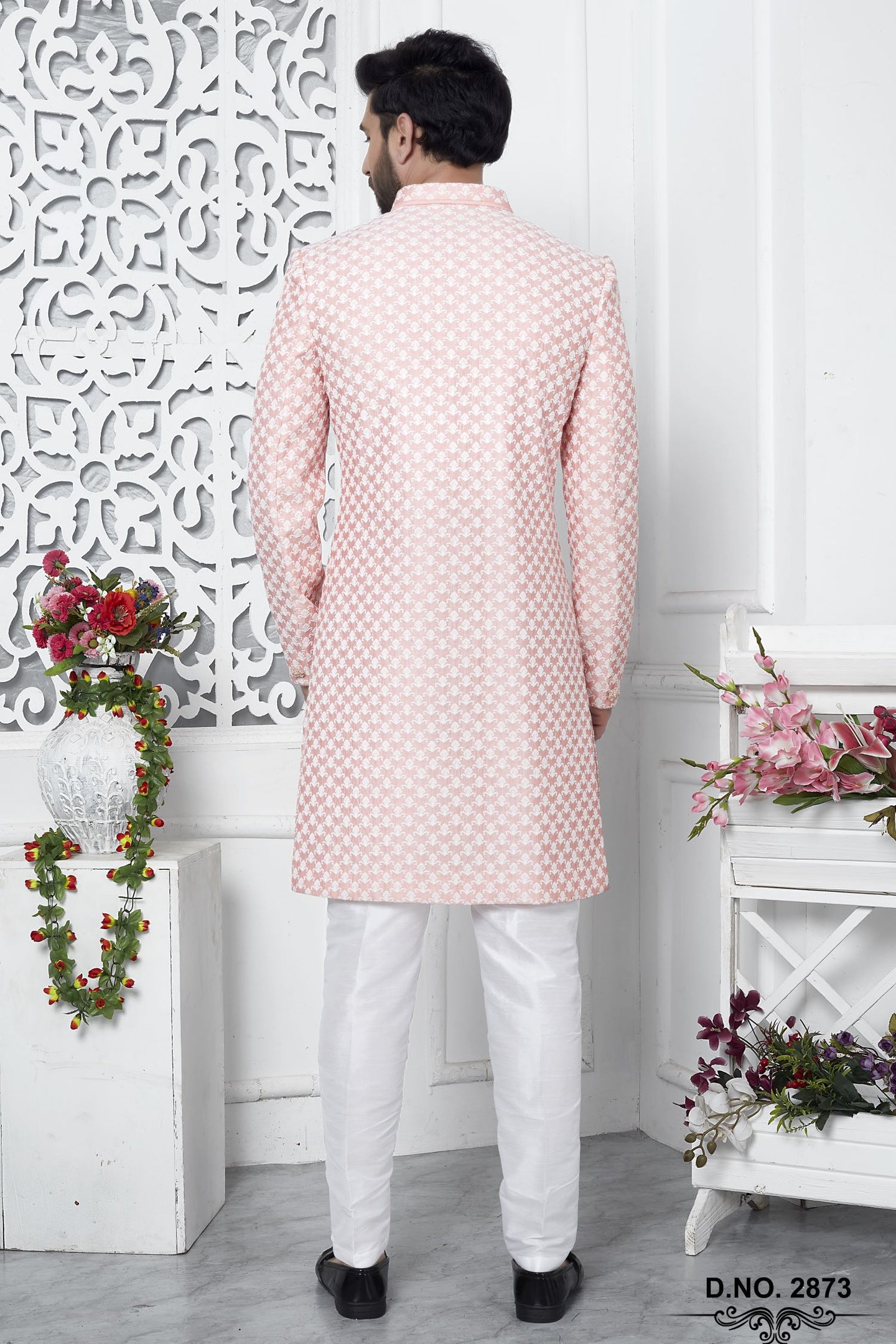 Peach Beige Art Silk Embroidery Indo Western Wedding Reception Dress for Male
