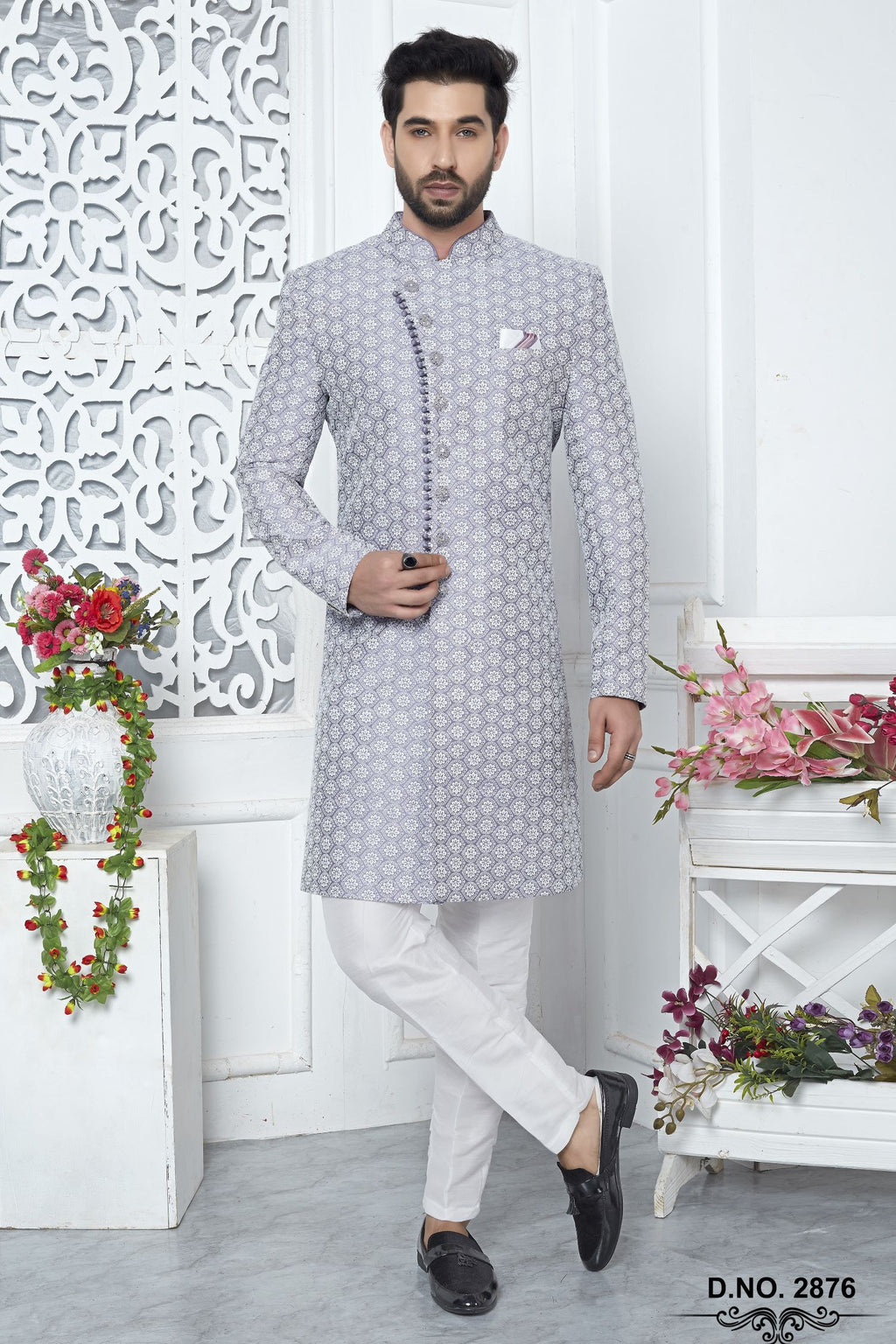 Dusty Blue Art Silk Embroidery Indo Western Wedding Reception Dress for Male