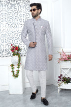 Dusty Blue Art Silk Embroidery Indo Western Wedding Reception Dress for Male